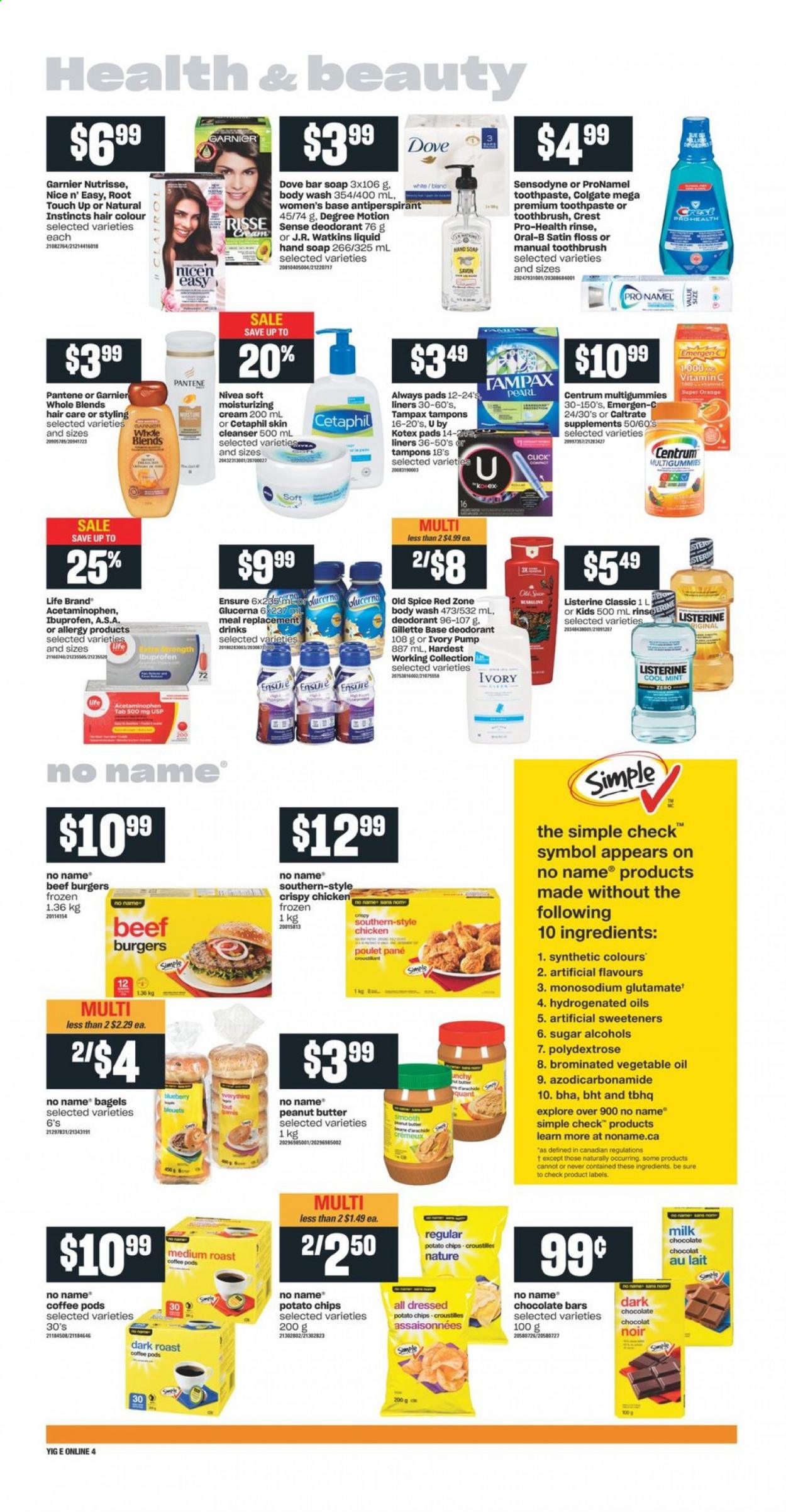thumbnail - Independent Flyer - April 29, 2021 - May 05, 2021 - Sales products - bagels, No Name, hamburger, beef burger, milk, chocolate bar, potato chips, sugar, spice, vegetable oil, oil, peanut butter, coffee pods, body wash, hand soap, soap bar, soap, toothbrush, toothpaste, Crest, Always pads, Kotex, Kotex pads, tampons, cleanser, hair color, anti-perspirant, Sure, vitamin c, Ibuprofen, Glucerna, Emergen-C, Centrum, Garnier, Gillette, Listerine, Tampax, Pantene, Nivea, Old Spice, Oral-B, Sensodyne, pump, deodorant. Page 8.