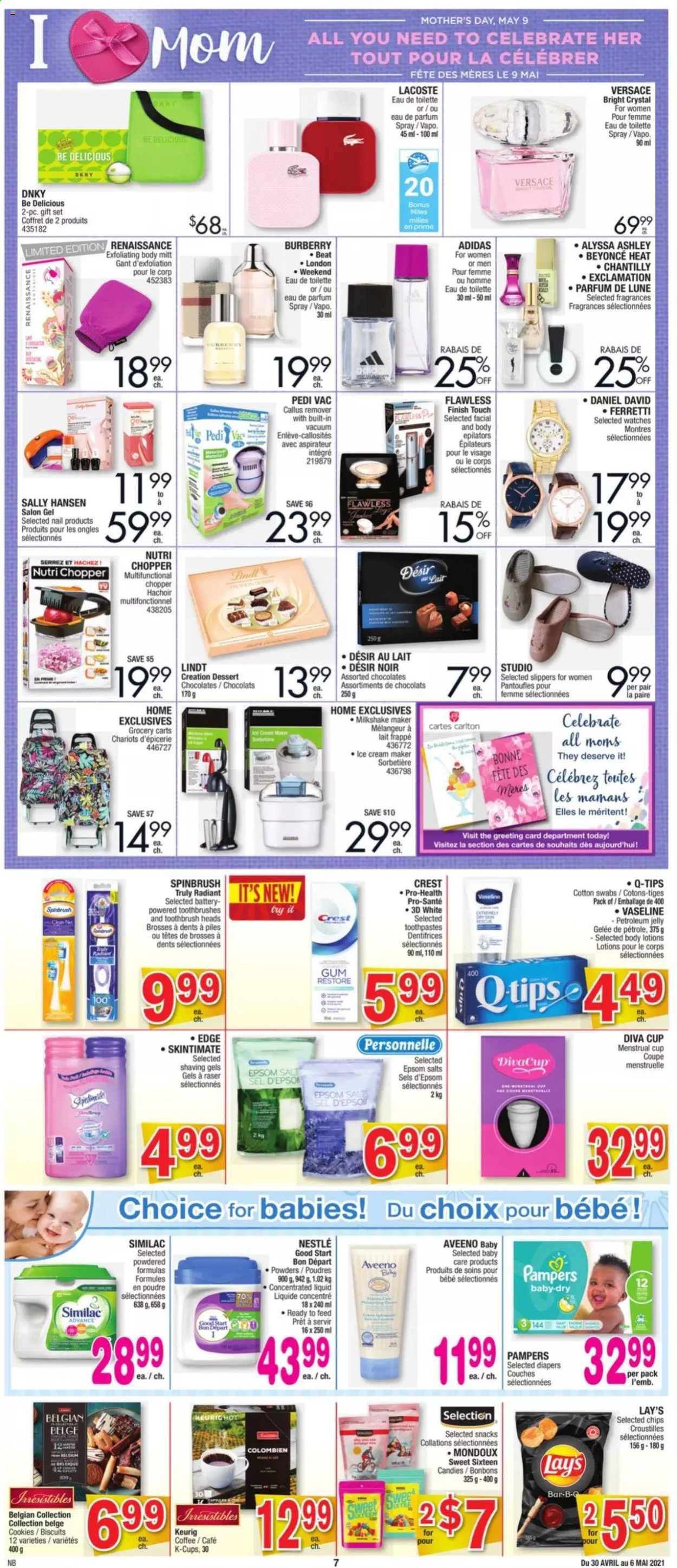 thumbnail - Jean Coutu Flyer - April 29, 2021 - May 05, 2021 - Sales products - cookies, biscuit, Lay’s, coffee, coffee capsules, K-Cups, Keurig, nappies, Aveeno, petroleum jelly, Vaseline, toothbrush, Crest, DKNY, gift set, callus remover, handy chopper, battery, Lacoste, watch, slippers, Nestlé, Sally Hansen, Versace, Pampers, chips. Page 3.