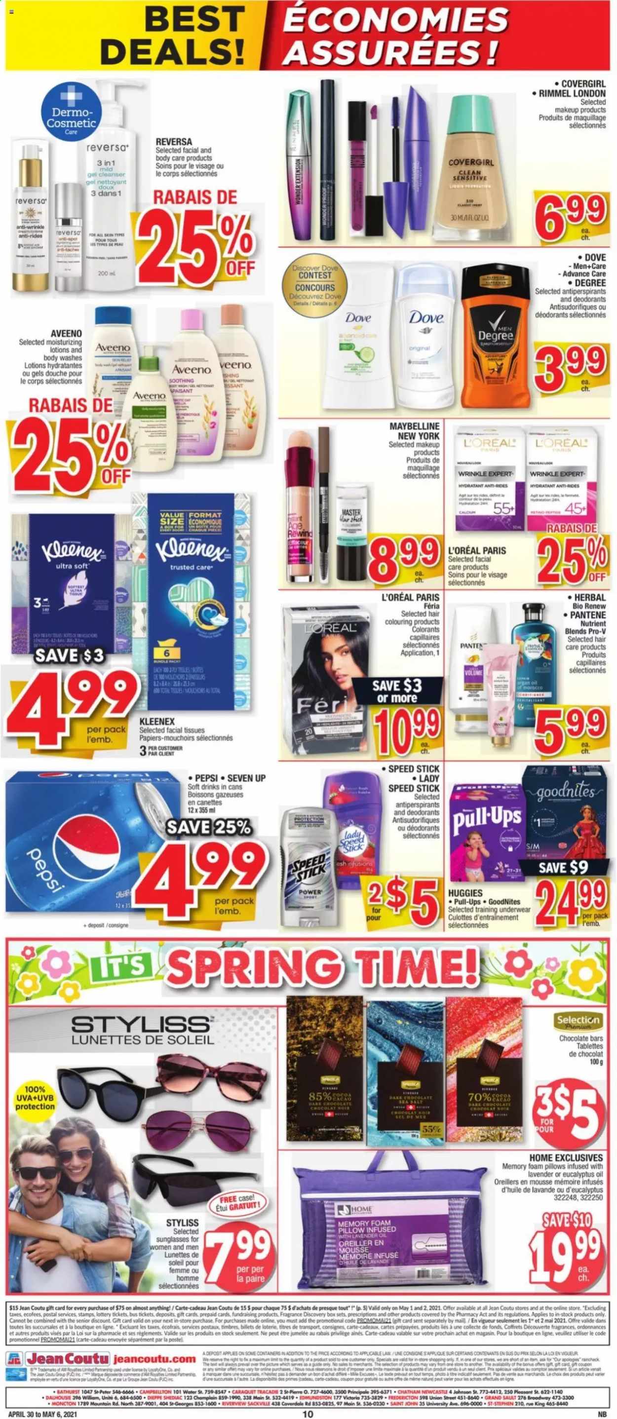 thumbnail - Jean Coutu Flyer - April 29, 2021 - May 05, 2021 - Sales products - chocolate bar, sea salt, oil, Pepsi, soft drink, 7UP, Johnson's, Aveeno, Kleenex, tissues, cleanser, facial tissues, L’Oréal, fragrance, Speed Stick, makeup, Rimmel, pillow, foam pillow, sunglasses, Maybelline, Huggies, Pantene, deodorant. Page 7.