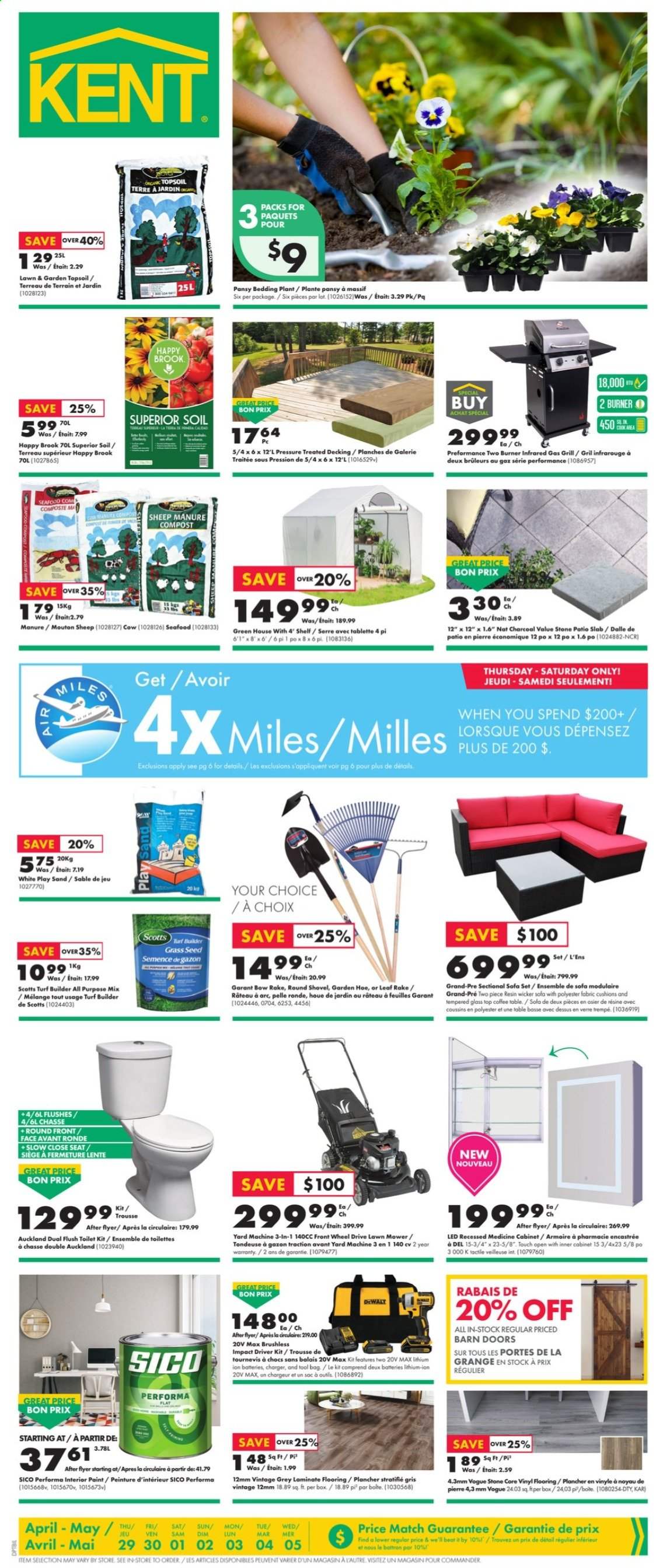 thumbnail - Kent Flyer - April 29, 2021 - May 05, 2021 - Sales products - bag, bedding, cushion, table, toilet, paint, flooring, laminate floor, DeWALT, impact driver, lawn mower, shovel, cabinet, tool bag, gas grill, grill, plant seeds, turf builder, grass seed, compost. Page 1.