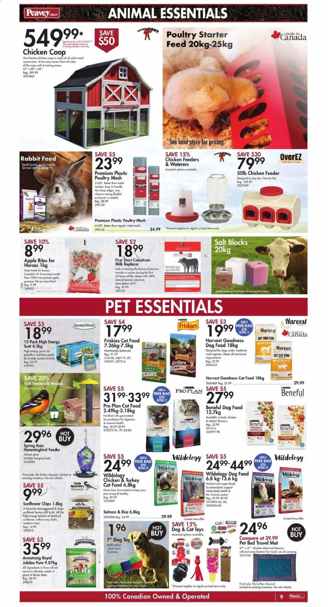 thumbnail - Peavey Mart Flyer - April 30, 2021 - May 06, 2021 - Sales products - Sharp, pet bed, cat toy, dog toy, bird feeder, chicken coop, animal food, cat food, dog food, suet, PRO PLAN, Friskies, rabbit feed, Colostrum, sunflower, starter. Page 9.