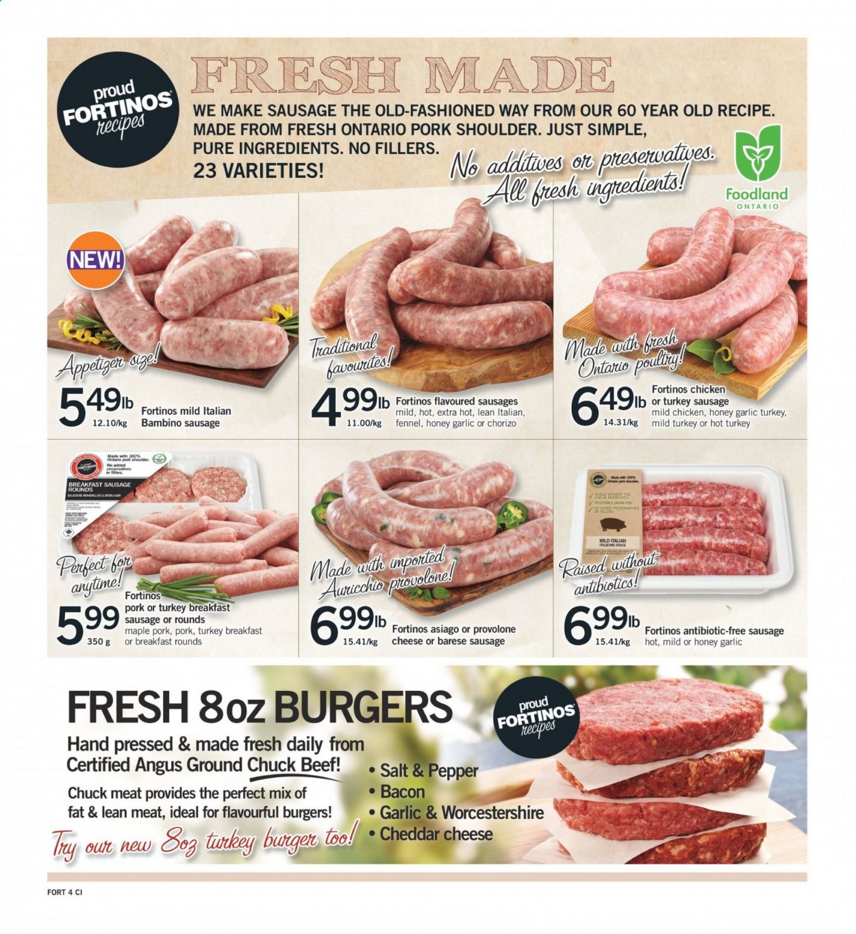 thumbnail - Fortinos Flyer - April 29, 2021 - May 05, 2021 - Sales products - hamburger, sausage, asiago, cheddar, Provolone, fennel, worcestershire sauce, ground chuck, pork meat, pork shoulder, chorizo. Page 4.