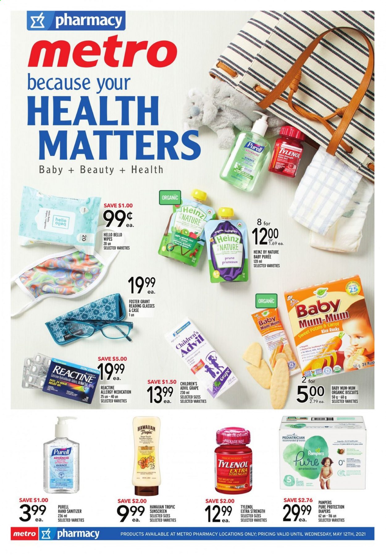 thumbnail - Metro Flyer - April 29, 2021 - May 12, 2021 - Sales products - rusks, spinach, pears, biscuit, Heinz, wipes, nappies, Mum, hand sanitizer, Tylenol, Advil Rapid, kiwi, Pampers. Page 1.