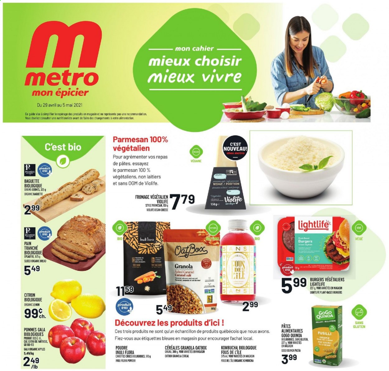 thumbnail - Metro Flyer - April 29, 2021 - May 05, 2021 - Sales products - bread, apples, Gala, hamburger, pasta, parmesan, cheese, Flora, cereals, kombucha, PREMIERE, granola, quinoa. Page 1.