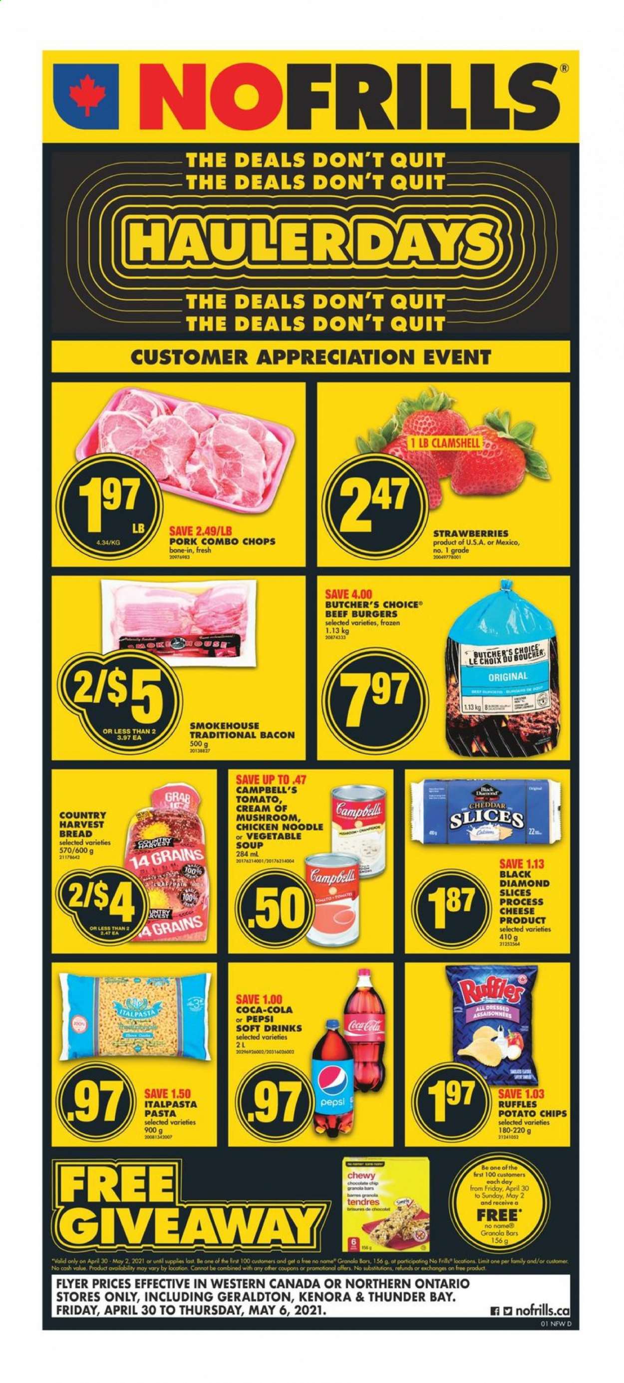 thumbnail - No Frills Flyer - April 30, 2021 - May 06, 2021 - Sales products - bread, strawberries, No Name, Campbell's, vegetable soup, soup, hamburger, pasta, noodles, beef burger, bacon, cheese, Country Harvest, potato chips, Ruffles, granola bar, Coca-Cola, Pepsi, soft drink. Page 1.