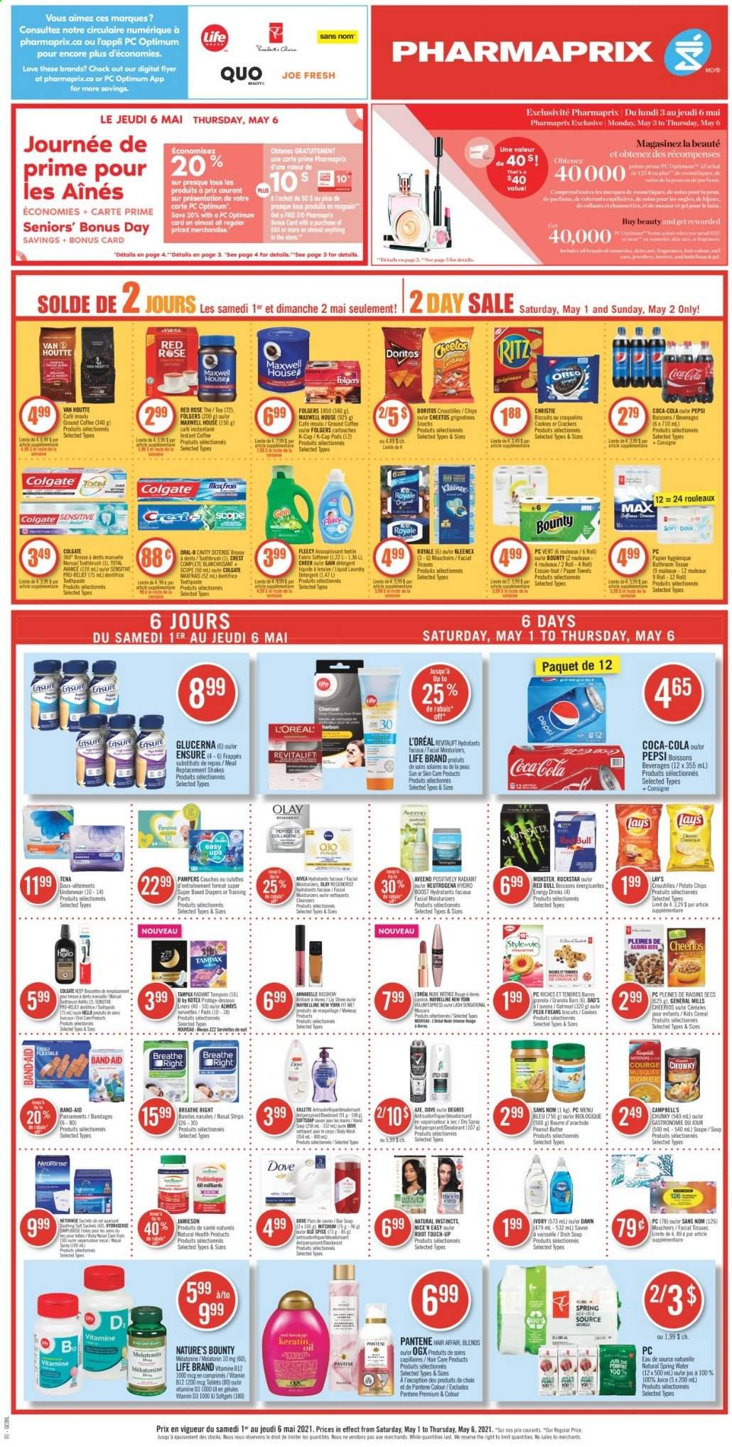 thumbnail - Pharmaprix Flyer - May 01, 2021 - May 06, 2021 - Sales products - Campbell's, soup, shake, cookies, snack, crackers, biscuit, RITZ, Doritos, potato chips, Cheetos, Lay’s, oatmeal, cereals, Cheerios, granola bar, spice, peanut butter, dried fruit, Coca-Cola, Pepsi, juice, energy drink, Monster, Red Bull, Rockstar, spring water, Boost, Maxwell House, instant coffee, Folgers, ground coffee, coffee capsules, K-Cups, rosé wine, pants, nappies, baby pants, Aveeno, bath tissue, Kleenex, kitchen towels, paper towels, Gain, fabric softener, laundry detergent, body wash, hand soap, soap bar, soap, toothbrush, toothpaste, Crest, Kotex, tampons, facial tissues, L’Oréal, Olay, OGX, Root Touch-Up, anti-perspirant, lipstick, rose, Melatonin, Nature's Bounty, Glucerna, vitamin B12, vitamin D3, Oreo, Maybelline, Neutrogena, raisins, Tampax, Pampers, Pantene, Nivea, Old Spice, Oral-B, chips. Page 1.