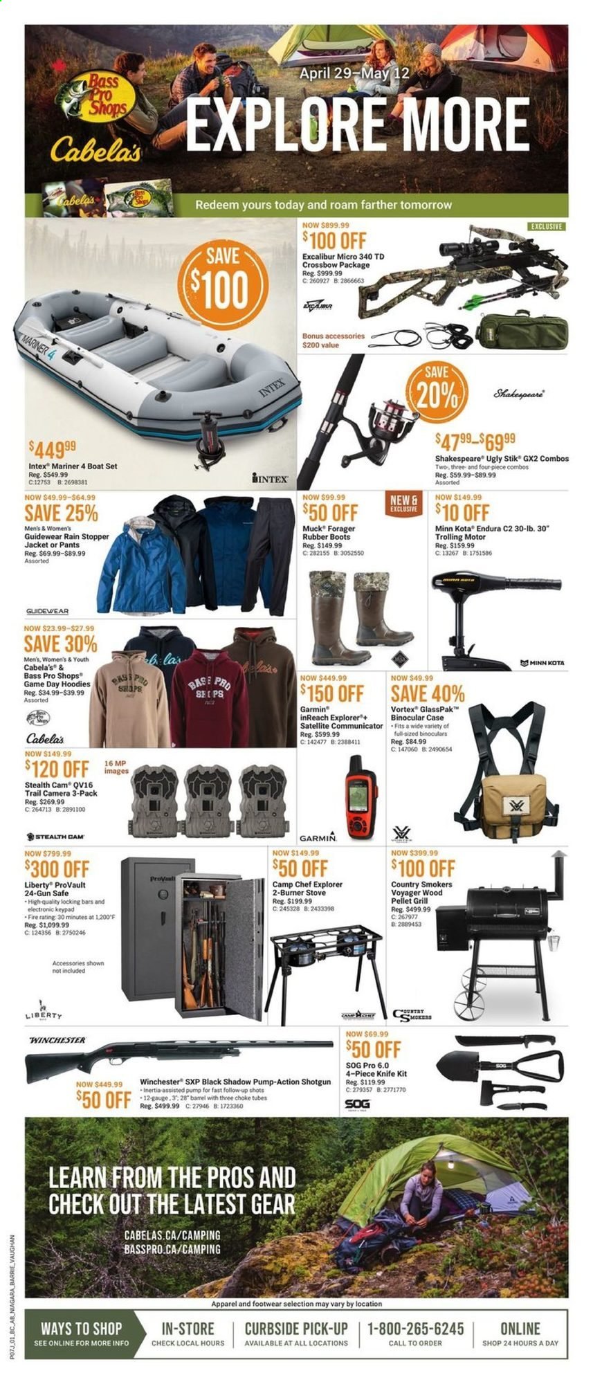 thumbnail - Bass Pro Shops Flyer - April 29, 2021 - May 12, 2021 - Sales products - Garmin, trail cam, stealth cam, satellite, jacket, pants, hoodie, boots, boat, Bass Pro, binoculars, SOG, grill, pellet grill, pump, Intex. Page 1.