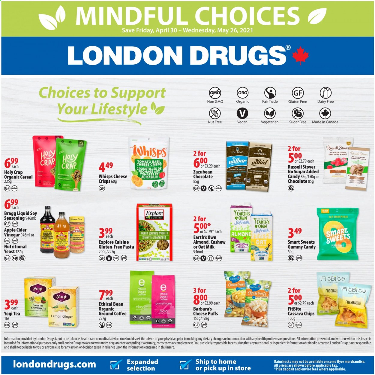 thumbnail - London Drugs Flyer - April 30, 2021 - May 26, 2021 - Sales products - chocolate, cereals, pasta, spice, apple cider vinegar, tea, chips. Page 1.