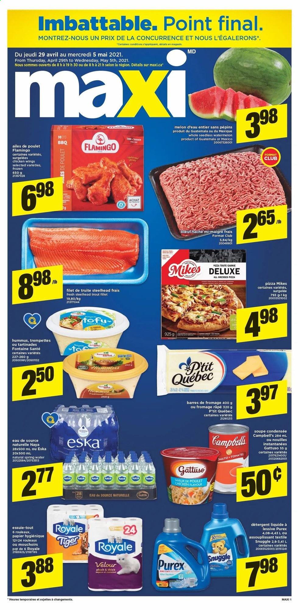 thumbnail - Maxi & Cie Flyer - April 29, 2021 - May 05, 2021 - Sales products - watermelon, melons, trout, Campbell's, pizza, hummus, tofu, chicken wings, spring water, Snuggle, Purex. Page 1.