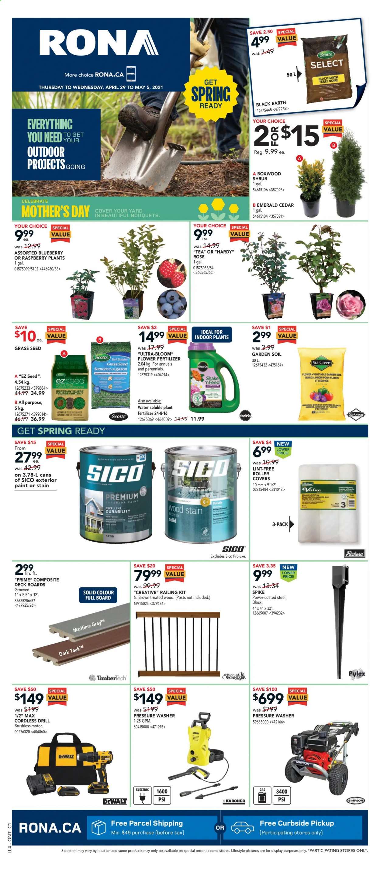 thumbnail - RONA Flyer - April 29, 2021 - May 05, 2021 - Sales products - roller, roller cover, paint, DeWALT, drill, pressure washer, Kärcher, plant seeds, bouquet, rose, fertilizer, garden soil, grass seed. Page 1.