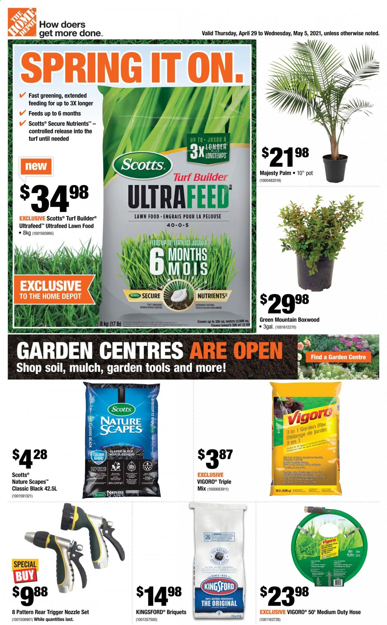 thumbnail - The Home Depot Flyer - April 29, 2021 - May 05, 2021 - Sales products - plate, pot, gardening tools, briquettes, Kingsford, turf builder, garden hose, garden mulch, compost. Page 1.