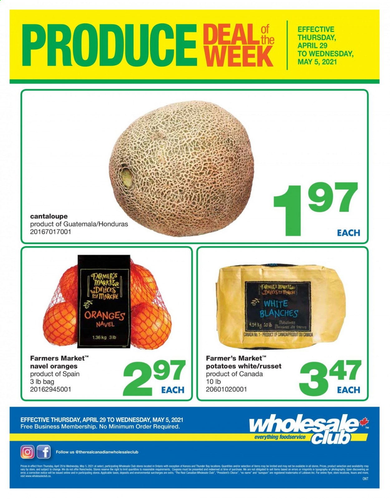 thumbnail - Wholesale Club Flyer - April 29, 2021 - May 05, 2021 - Sales products - cantaloupe, russet potatoes, potatoes, navel oranges, No Name, Président. Page 1.