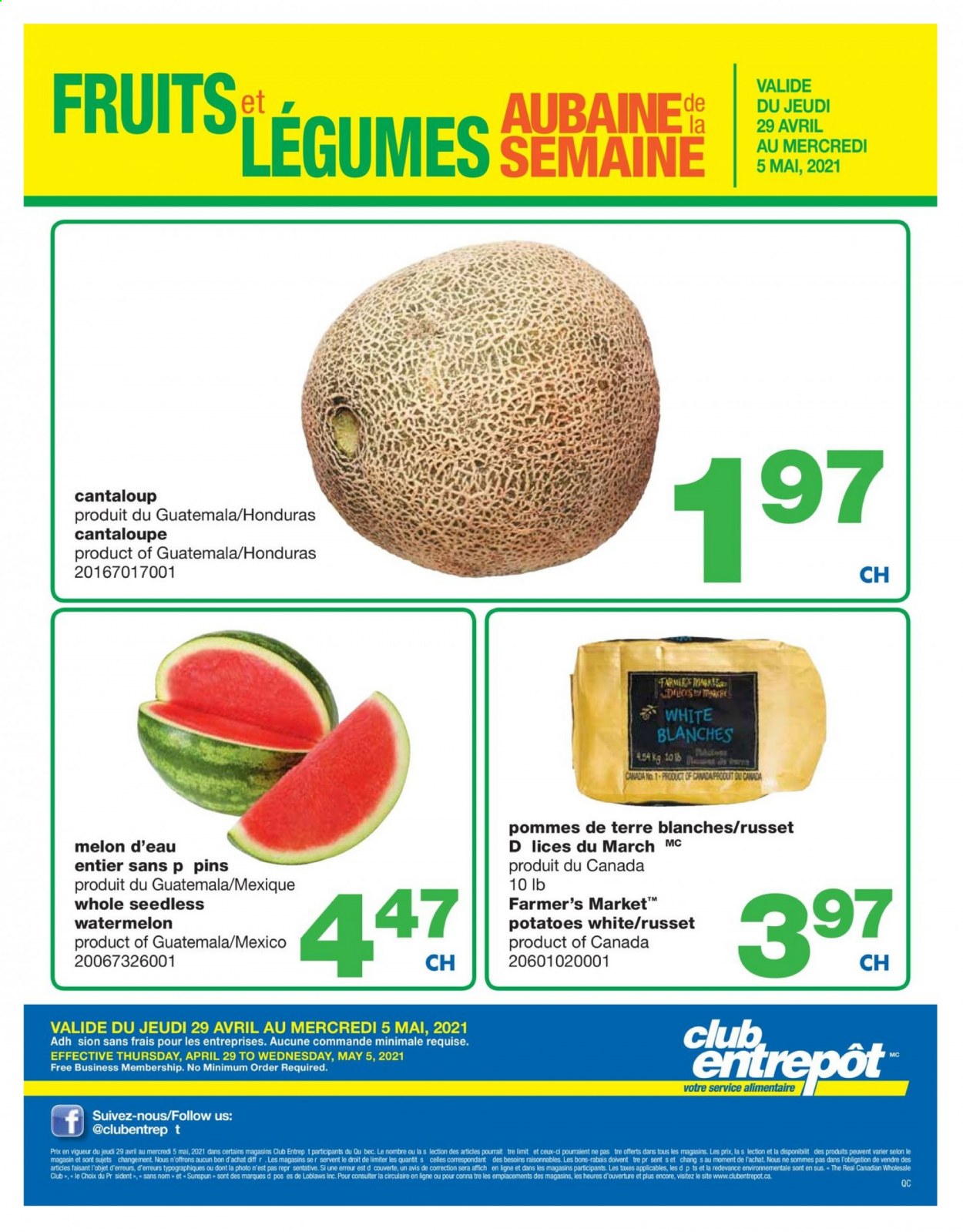 thumbnail - Wholesale Club Flyer - April 29, 2021 - May 05, 2021 - Sales products - cantaloupe, russet potatoes, potatoes, watermelon, melons, pin. Page 1.