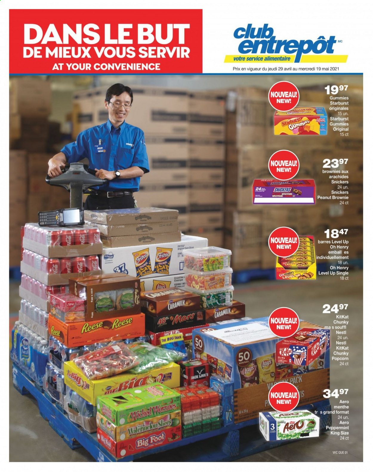 thumbnail - Wholesale Club Flyer - April 29, 2021 - May 19, 2021 - Sales products - brownies, Ola, Snickers, Mars, KitKat, Starburst, Fritos, Lay’s, popcorn, Frito-Lay, Jack Link's, cocoa, pot. Page 1.
