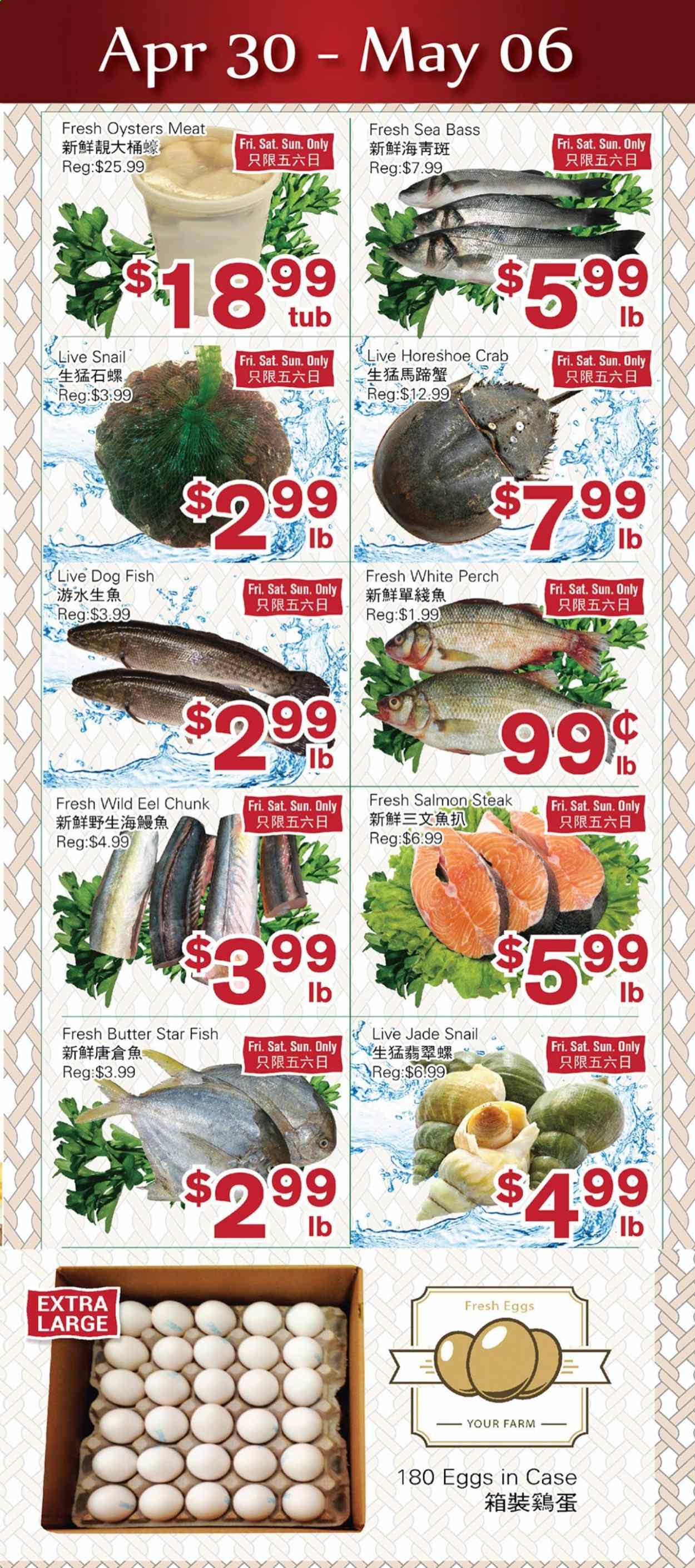 thumbnail - First Choice Supermarket Flyer - April 30, 2021 - May 06, 2021 - Sales products - eel, salmon, sea bass, perch, oysters, crab, fish, eggs, butter, steak. Page 1.