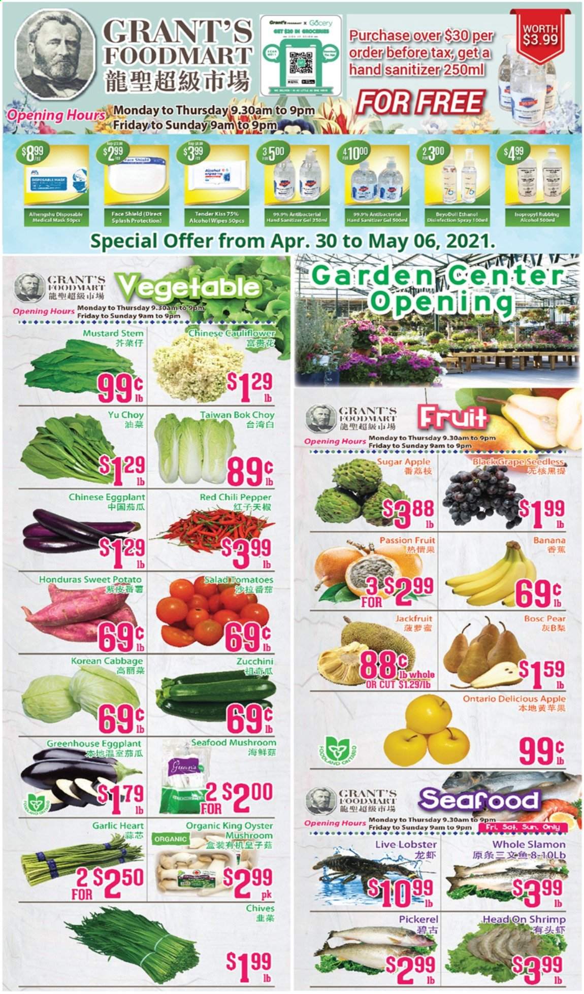 thumbnail - Grant's Foodmart Flyer - April 30, 2021 - May 06, 2021 - Sales products - oyster mushrooms, mushrooms, bok choy, cabbage, cauliflower, garlic, sweet potato, tomatoes, zucchini, salad, eggplant, chives, pears, lobster, oysters, seafood, shrimps, walleye, sugar, pepper, mustard, Grant's, wipes, hand sanitizer. Page 1.