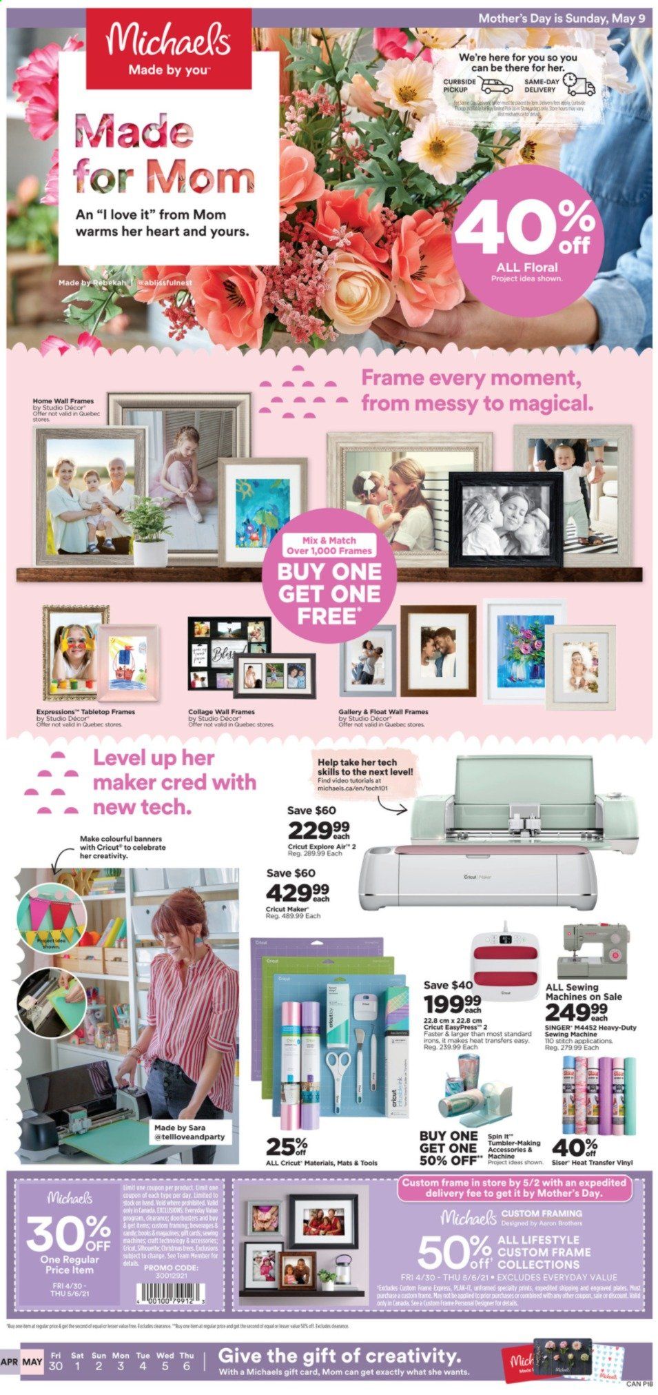 thumbnail - Michaels Flyer - April 30, 2021 - May 06, 2021 - Sales products - tumbler, plate, book, sewing machine. Page 1.