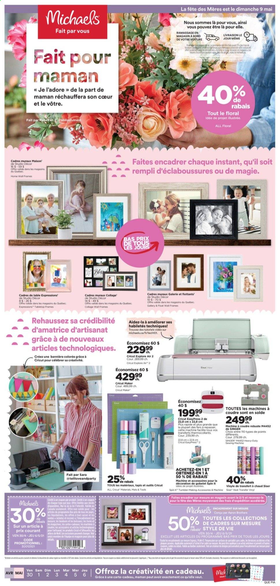 thumbnail - Michaels Flyer - April 30, 2021 - May 06, 2021 - Sales products - tumbler, sewing machine. Page 1.