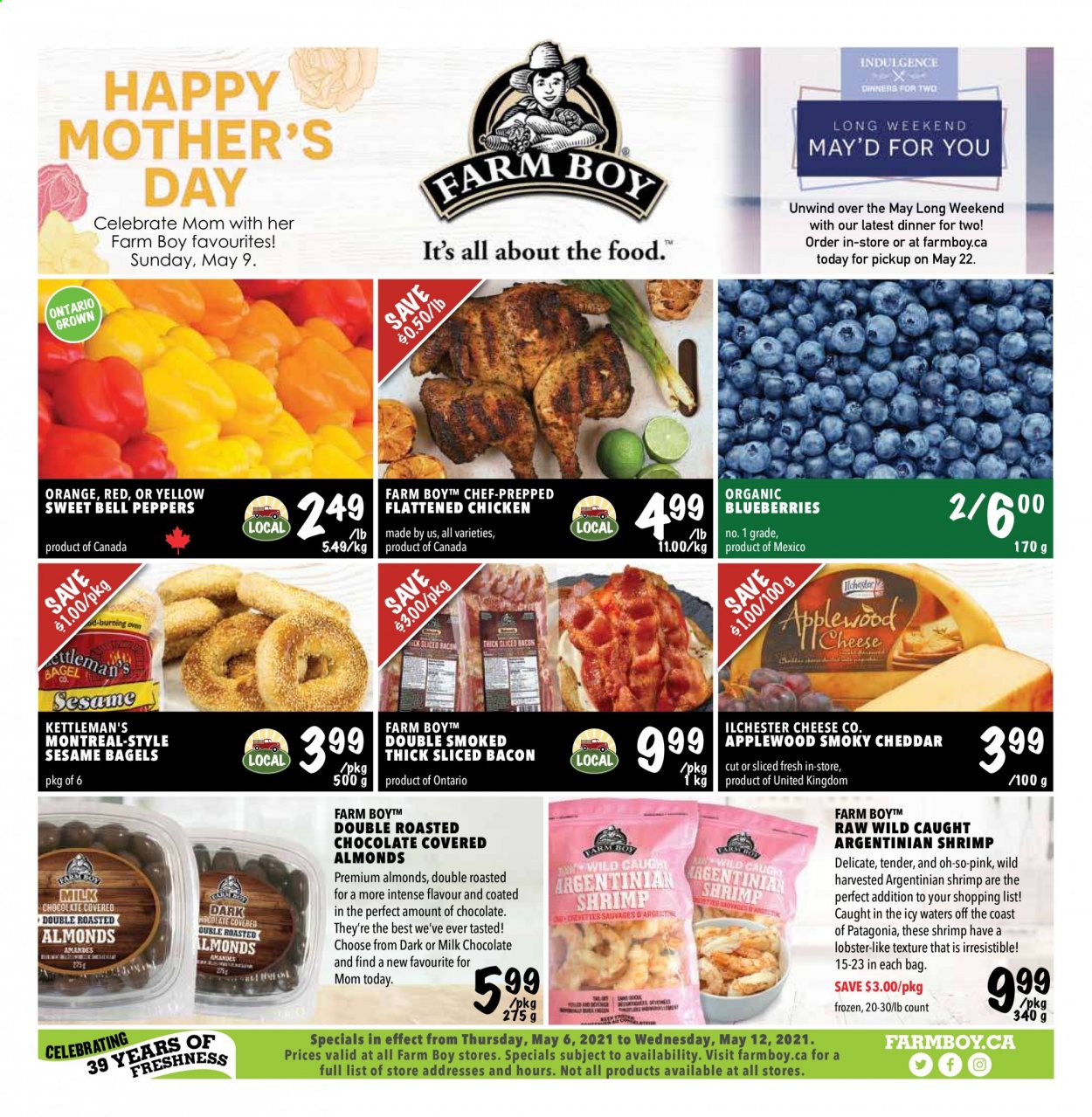 thumbnail - Farm Boy Flyer - May 06, 2021 - May 12, 2021 - Sales products - bagels, bell peppers, peppers, blueberries, lobster, shrimps, bacon, cheddar, cheese, milk chocolate, almonds. Page 1.