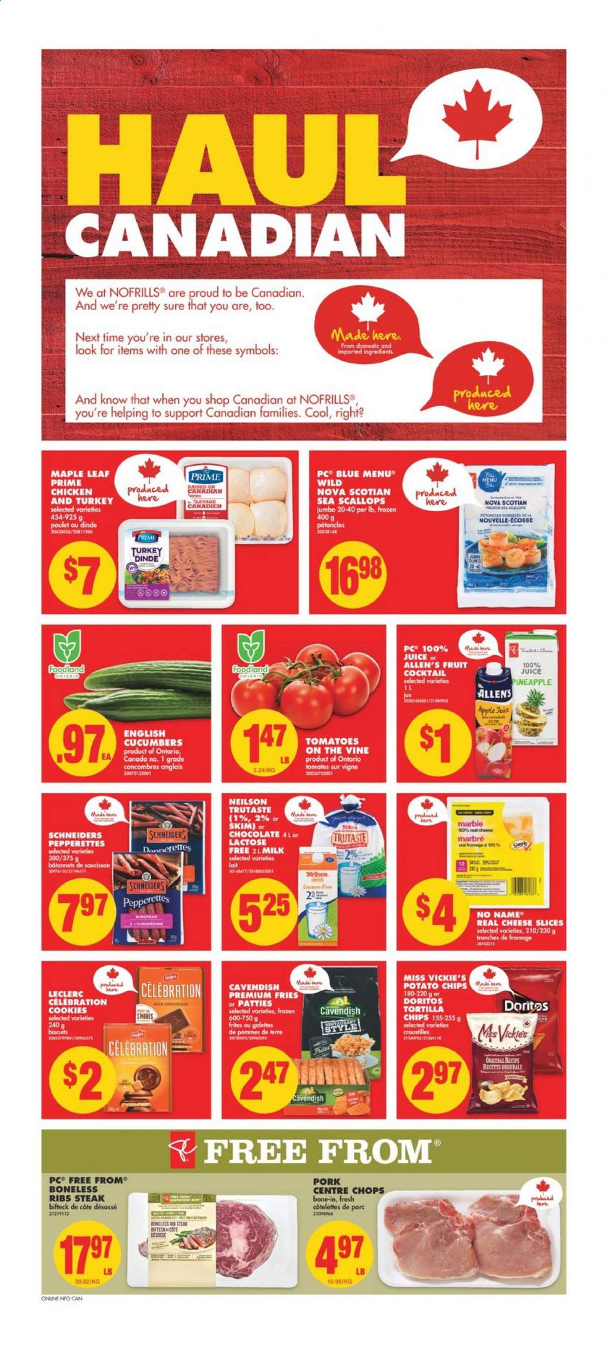 thumbnail - No Frills Flyer - May 06, 2021 - May 12, 2021 - Sales products - tomatoes, pineapple, scallops, No Name, sliced cheese, milk, potato fries, cookies, chocolate, Celebration, biscuit, Doritos, tortilla chips, potato chips, apple juice, juice, Sure, steak. Page 2.