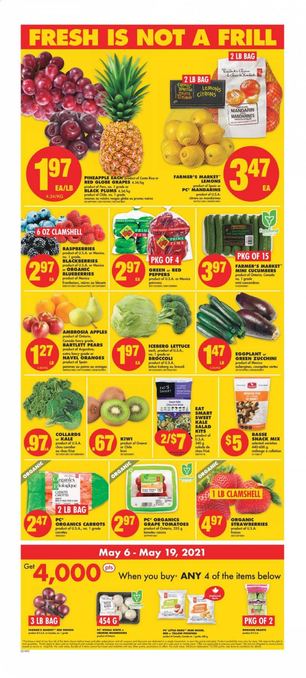 thumbnail - No Frills Flyer - May 06, 2021 - May 12, 2021 - Sales products - mushrooms, broccoli, carrots, cucumber, red onions, tomatoes, zucchini, kale, potatoes, onion, lettuce, salad, eggplant, apples, Bartlett pears, blackberries, mandarines, Red Globe, strawberries, pineapple, plums, pears, lemons, black plums, navel oranges, snack, prunes, dried fruit, L'Or, kiwi, raisins. Page 3.
