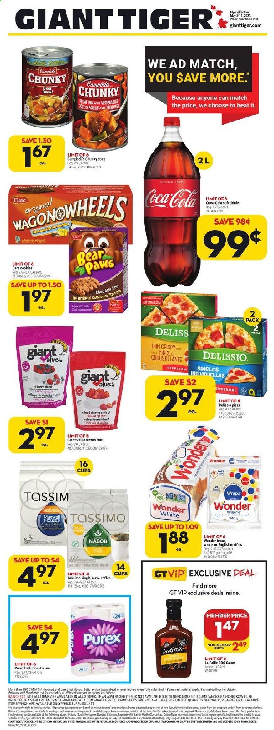thumbnail - Giant Tiger Flyer - May 05, 2021 - May 11, 2021 - Sales products - english muffins, wraps, Campbell's, pizza, sauce, cookies, BBQ sauce, Coca-Cola, soft drink, coffee, bath tissue, Purex, Paws. Page 1.