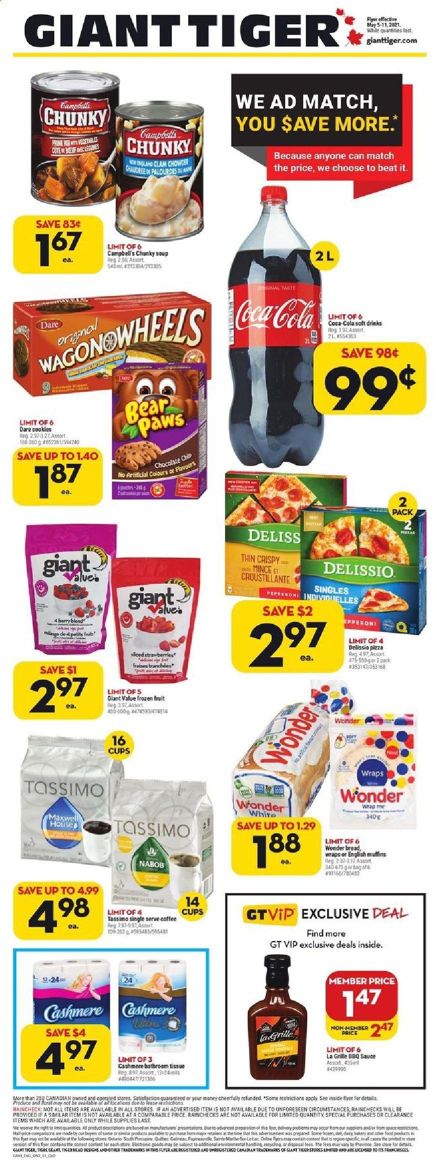 thumbnail - Giant Tiger Flyer - May 05, 2021 - May 11, 2021 - Sales products - english muffins, wraps, Campbell's, pizza, sauce, cookies, clam chowder, BBQ sauce, Coca-Cola, soft drink, coffee, L'Or, tissues, bag, Paws. Page 1.