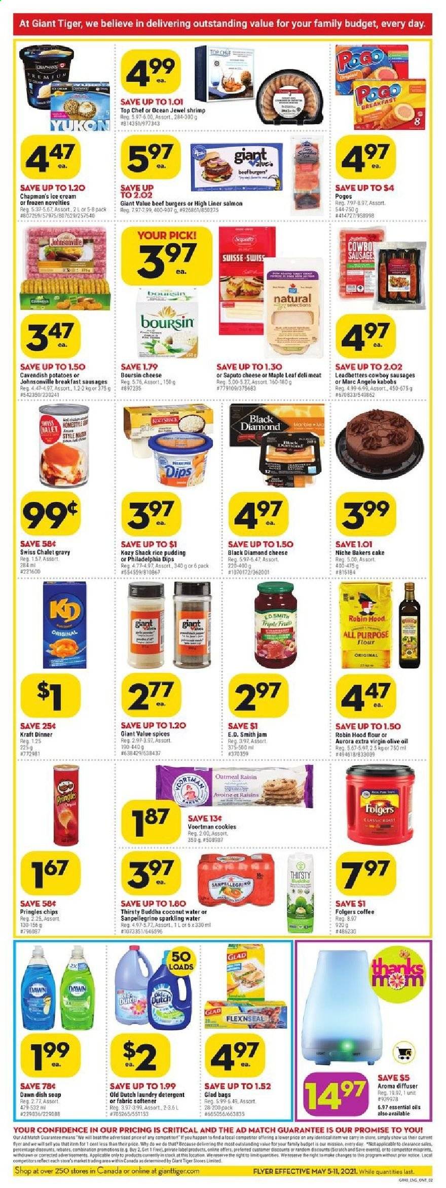thumbnail - Giant Tiger Flyer - May 05, 2021 - May 11, 2021 - Sales products - cake, potatoes, salmon, shrimps, hamburger, beef burger, Kraft®, Johnsonville, sausage, rice pudding, ice cream, cookies, Pringles, flour, oatmeal, extra virgin olive oil, fruit jam, dried fruit, coconut water, sparkling water, coffee, Folgers, fabric softener, laundry detergent, soap, diffuser, essential oils, Bakers, raisins. Page 2.