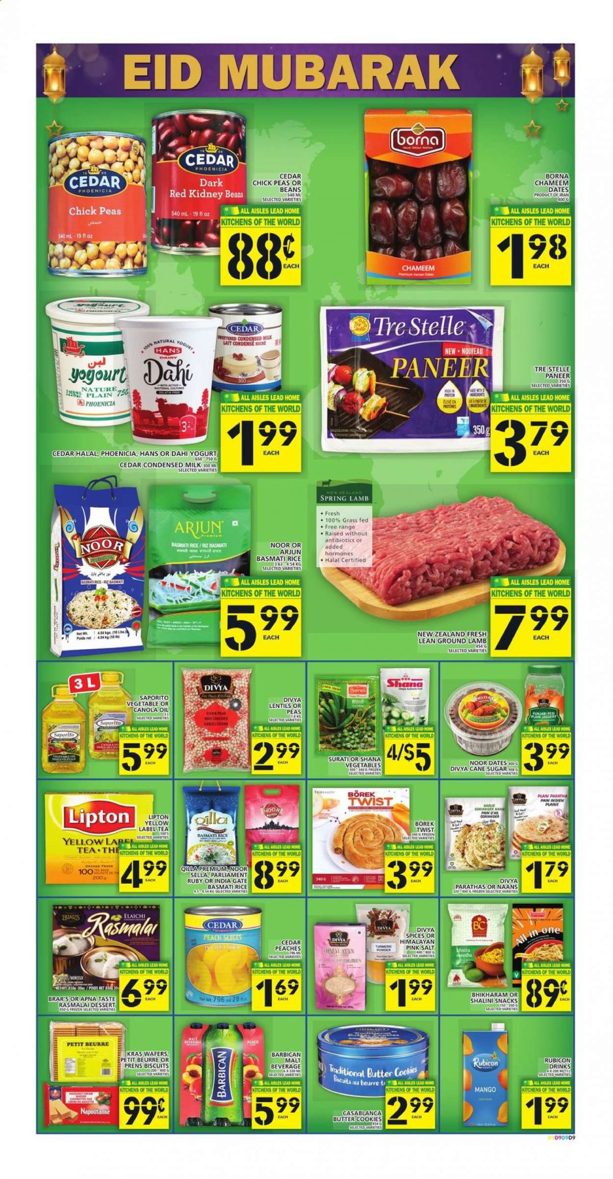thumbnail - Food Basics Flyer - May 06, 2021 - May 12, 2021 - Sales products - beans, peas, peaches, paneer, yoghurt, milk, condensed milk, cookies, wafers, butter cookies, snack, biscuit, cane sugar, sugar, malt, lentils, kidney beans, basmati rice, rice, turmeric, canola oil, oil, tea, ground lamb, lamb meat, pan. Page 10.