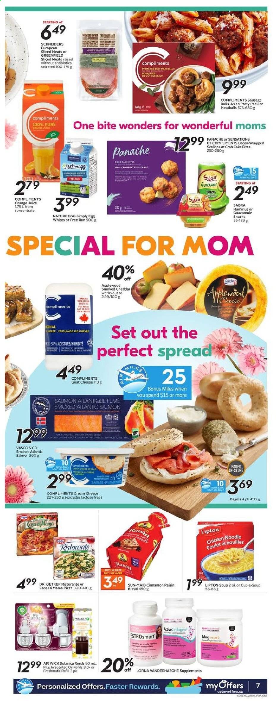 thumbnail - Sobeys Flyer - May 06, 2021 - May 12, 2021 - Sales products - bagels, bread, sausage rolls, bacon wrapped scallops, salmon, scallops, crab, pizza, meatballs, soup, noodles, bacon, sausage, hummus, guacamole, Dr. Oetker, eggs, potato croquettes, snack, oil, orange juice, juice. Page 7.