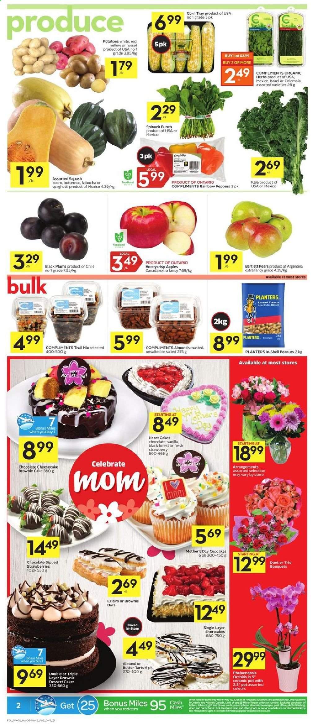 thumbnail - Foodland Flyer - May 06, 2021 - May 12, 2021 - Sales products - cake, cupcake, cheesecake, brownies, butternut squash, corn, russet potatoes, kale, potatoes, pumpkin, peppers, apples, Bartlett pears, plums, pears, black plums, butter, chocolate, herbs, almonds, peanuts, Planters, trail mix. Page 2.