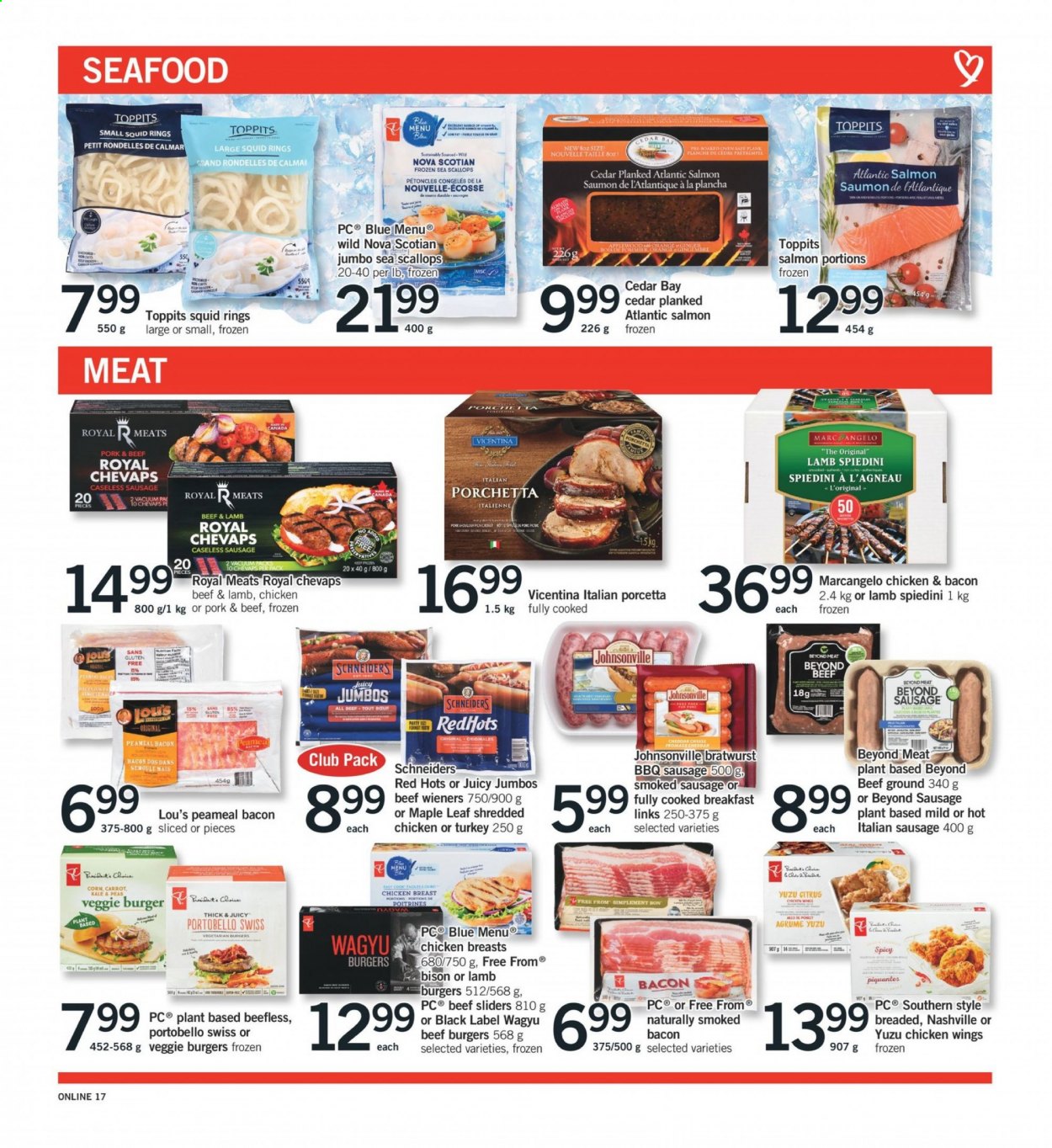 thumbnail - Fortinos Flyer - May 06, 2021 - May 12, 2021 - Sales products - portobello mushrooms, corn, salmon, scallops, squid, seafood, squid rings, veggie burger, beef burger, bacon, Johnsonville, bratwurst, sausage, smoked sausage, italian sausage, cheddar, cheese, chicken wings, chicken, WD, oven. Page 8.