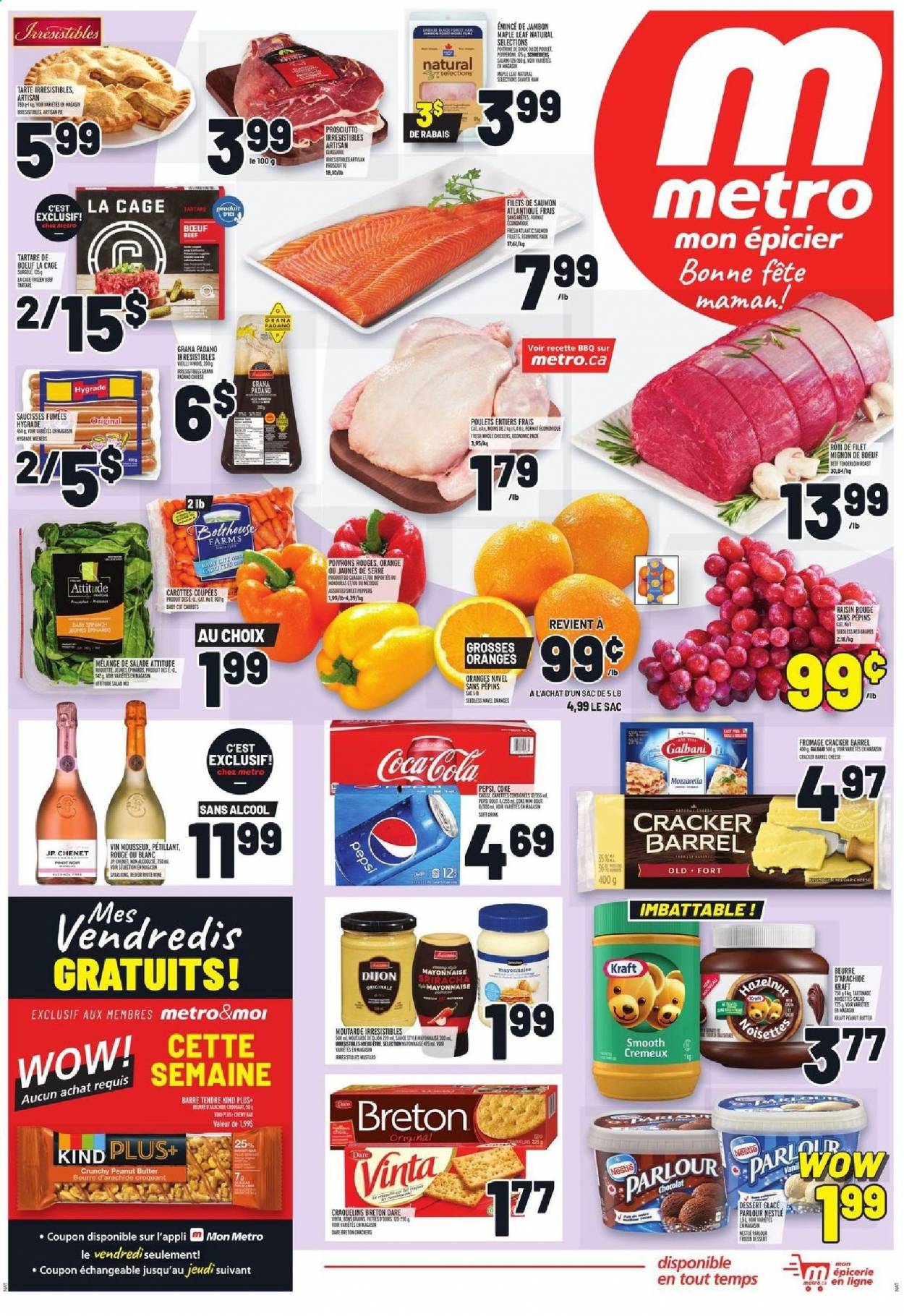 thumbnail - Metro Flyer - May 06, 2021 - May 12, 2021 - Sales products - pie, spinach, salad, peppers, Kraft®, salami, ham, prosciutto, cheese, Galbani, Grana Padano, mayonnaise, crackers, sriracha, peanut butter, Coca-Cola, Pepsi, red wine, wine, Pinot Noir, whole chicken, beef tenderloin, cage, Nestlé, mozzarella. Page 1.