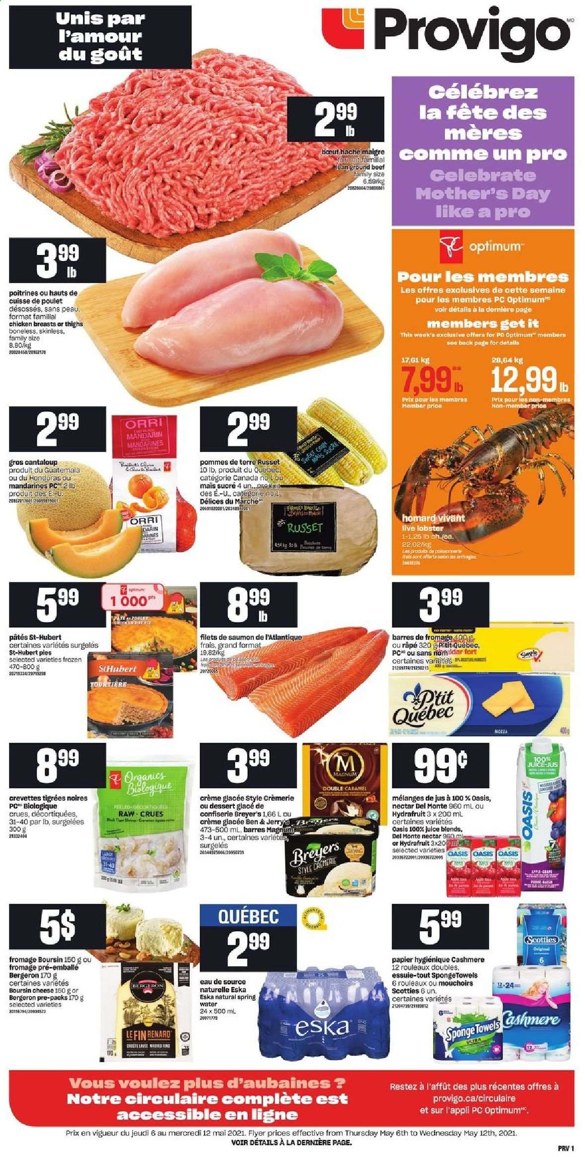 thumbnail - Provigo Flyer - May 06, 2021 - May 12, 2021 - Sales products - russet potatoes, mandarines, lobster, cheese, Magnum, Ben & Jerry's, juice, chicken breasts, beef meat, ground beef. Page 1.
