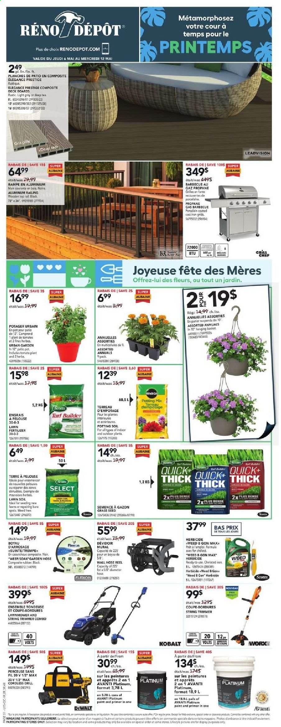 thumbnail - Réno-Dépôt Flyer - May 06, 2021 - May 12, 2021 - Sales products - iron, trimmer, paint, DeWALT, drill, string trimmer, lawn mower, grill, pot, plant seeds, herbs, potting mix, fertilizer, turf builder, hose reel, garden hose, grass seed. Page 1.