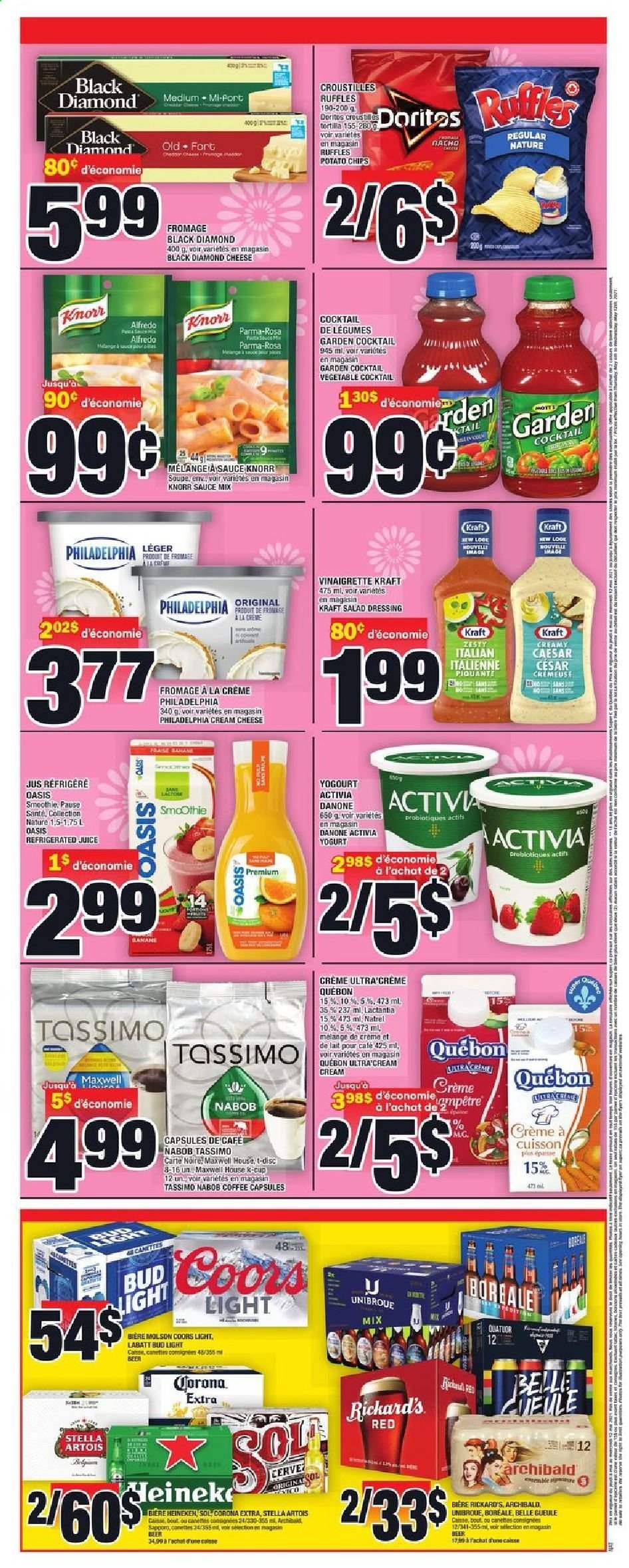 thumbnail - Super C Flyer - May 06, 2021 - May 12, 2021 - Sales products - pasta, sauce, Kraft®, cream cheese, Activia, Doritos, potato chips, Ruffles, salad dressing, vinaigrette dressing, dressing, juice, smoothie, Maxwell House, coffee, coffee capsules, K-Cups, beer, Stella Artois, Coors, Bud Light, Corona Extra, Sol, Knorr, Danone, chips. Page 3.