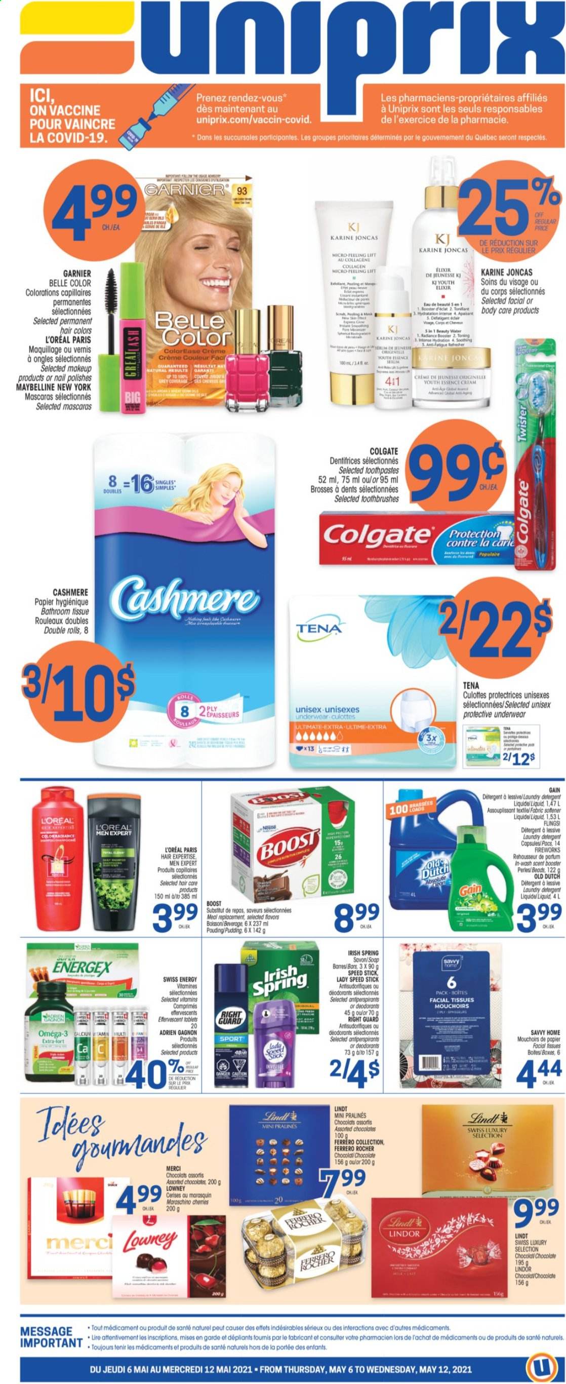 thumbnail - Uniprix Flyer - May 06, 2021 - May 12, 2021 - Sales products - chocolate, Merci, Boost, bath tissue, Gain, fabric softener, laundry detergent, soap, facial tissues, L’Oréal, L’Oréal Men, refresher, Speed Stick, makeup, Omega-3, Garnier, Maybelline, Twister, deodorant. Page 1.