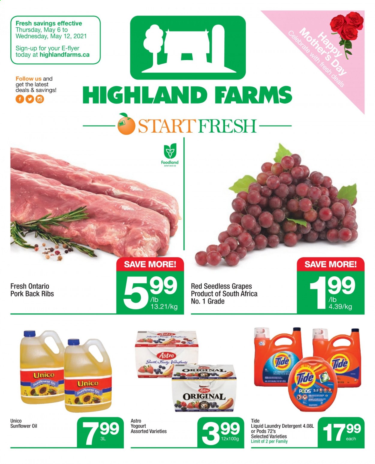 thumbnail - Highland Farms Flyer - May 06, 2021 - May 12, 2021 - Sales products - grapes, seedless grapes, sunflower oil, oil, pork meat, pork ribs, pork back ribs. Page 1.