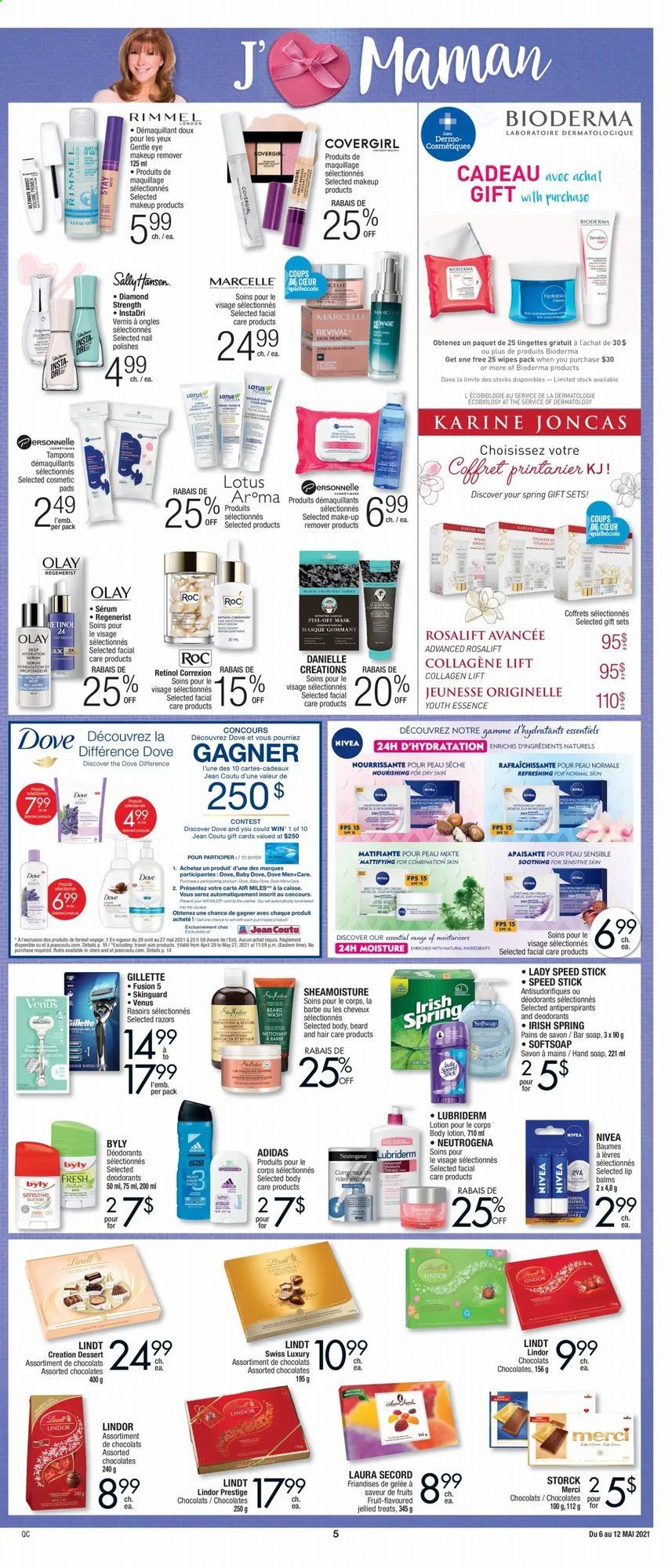 thumbnail - Jean Coutu Flyer - May 06, 2021 - May 12, 2021 - Sales products - chocolate, Merci, wipes, Softsoap, hand soap, soap bar, soap, tampons, serum, Olay, body lotion, Lubriderm, Speed Stick, Venus, Lotus, makeup remover, Rimmel, Gillette, Neutrogena, Nivea, deodorant. Page 3.