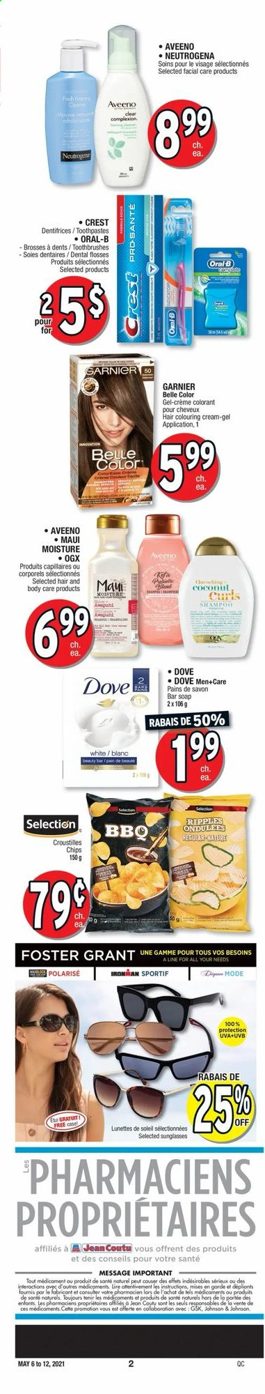 thumbnail - Jean Coutu Flyer - May 06, 2021 - May 12, 2021 - Sales products - Johnson's, Aveeno, soap bar, soap, Crest, OGX, Maui Moisture, sunglasses, Garnier, Neutrogena, shampoo, Oral-B, chips. Page 12.