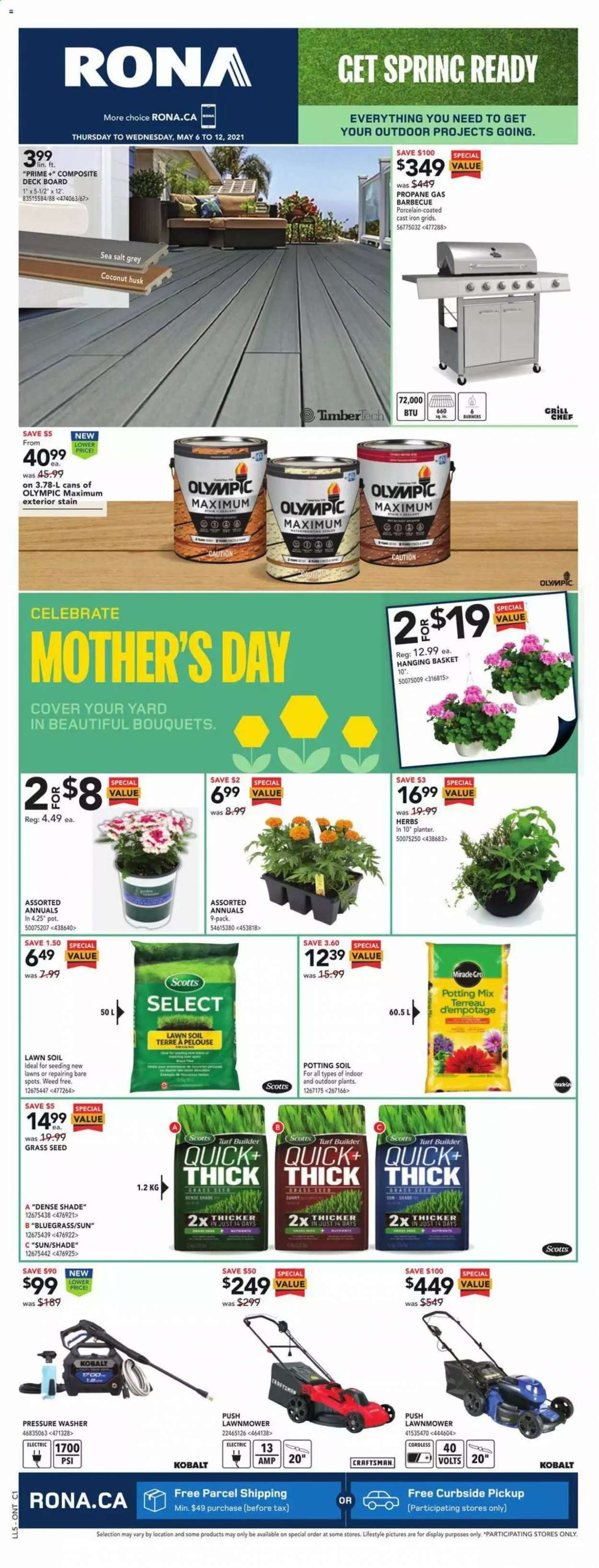 thumbnail - RONA Flyer - May 06, 2021 - May 12, 2021 - Sales products - Craftsman, lawn mower, pressure washer, grill, pot, plant seeds, herbs, bouquet, potting mix, turf builder, grass seed. Page 1.
