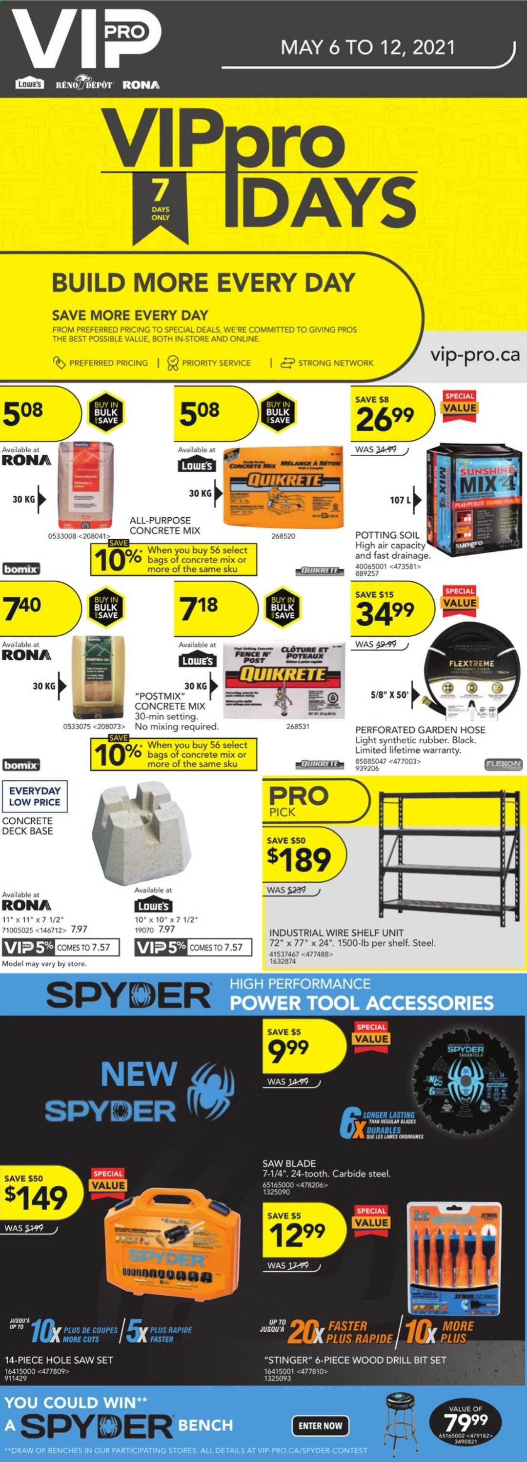 thumbnail - RONA Flyer - May 06, 2021 - May 12, 2021 - Sales products - bench, shelf unit, concrete mix, drill bit set, garden hose. Page 1.