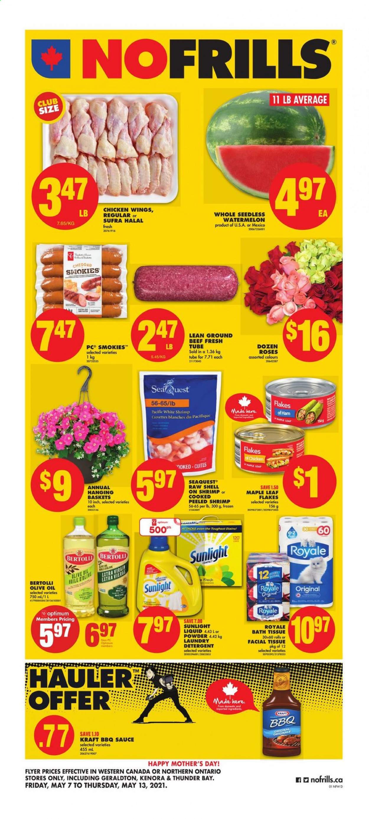 thumbnail - No Frills Flyer - May 07, 2021 - May 13, 2021 - Sales products - watermelon, sauce, Kraft®, Bertolli, ham, cheddar, cheese, chicken wings, BBQ sauce, olive oil, oil, beef meat, ground beef, bath tissue, laundry detergent, Sunlight, Optimum, hanging basket. Page 1.