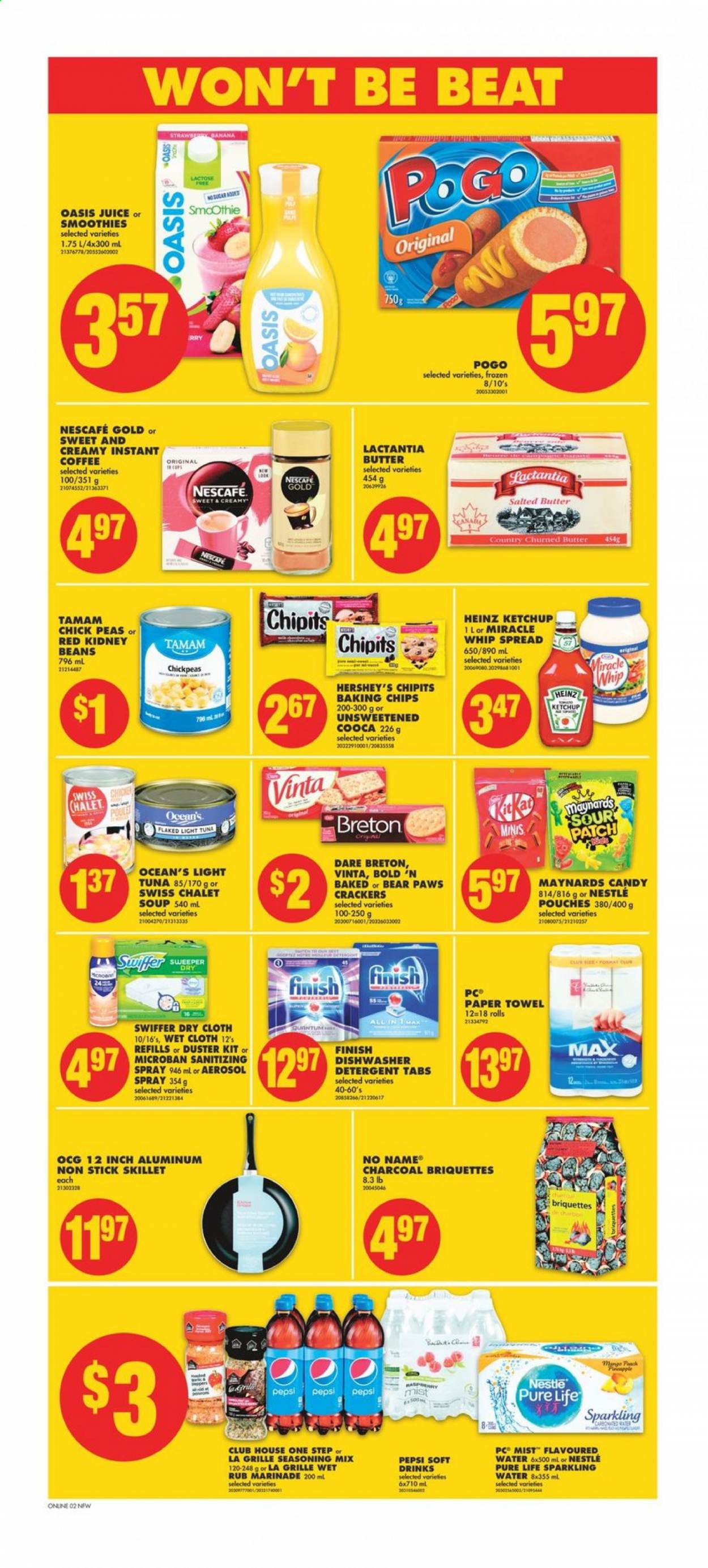 thumbnail - No Frills Flyer - May 07, 2021 - May 13, 2021 - Sales products - peas, mango, tuna, No Name, soup, butter, salted butter, Miracle Whip, Hershey's, crackers, Sour Patch, baking chips, Heinz, kidney beans, light tuna, chickpeas, spice, marinade, Pepsi, juice, soft drink, instant coffee, L'Or, paper towels, Swiffer, duster, Paws, Nestlé, Nescafé. Page 7.