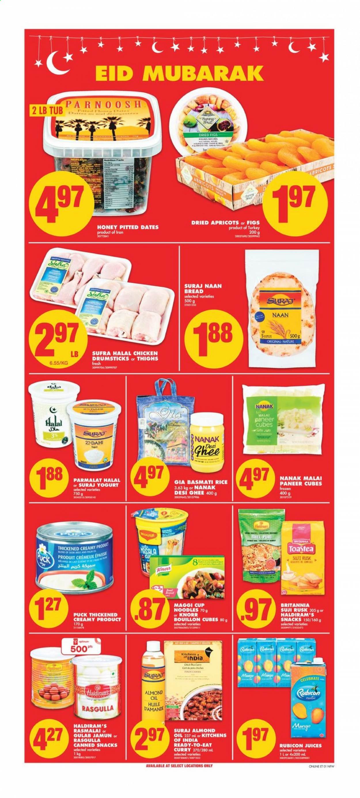 thumbnail - No Frills Flyer - May 07, 2021 - May 13, 2021 - Sales products - bread, rusks, figs, apricots, Maggi Cup, noodles cup, noodles, paneer, Puck, yoghurt, Parmalat, ghee, snack, bouillon, Maggi, basmati rice, rice, almond oil, oil, honey, dried fruit, dried dates, dried figs, juice, chicken drumsticks, chicken, Optimum, Knorr. Page 9.
