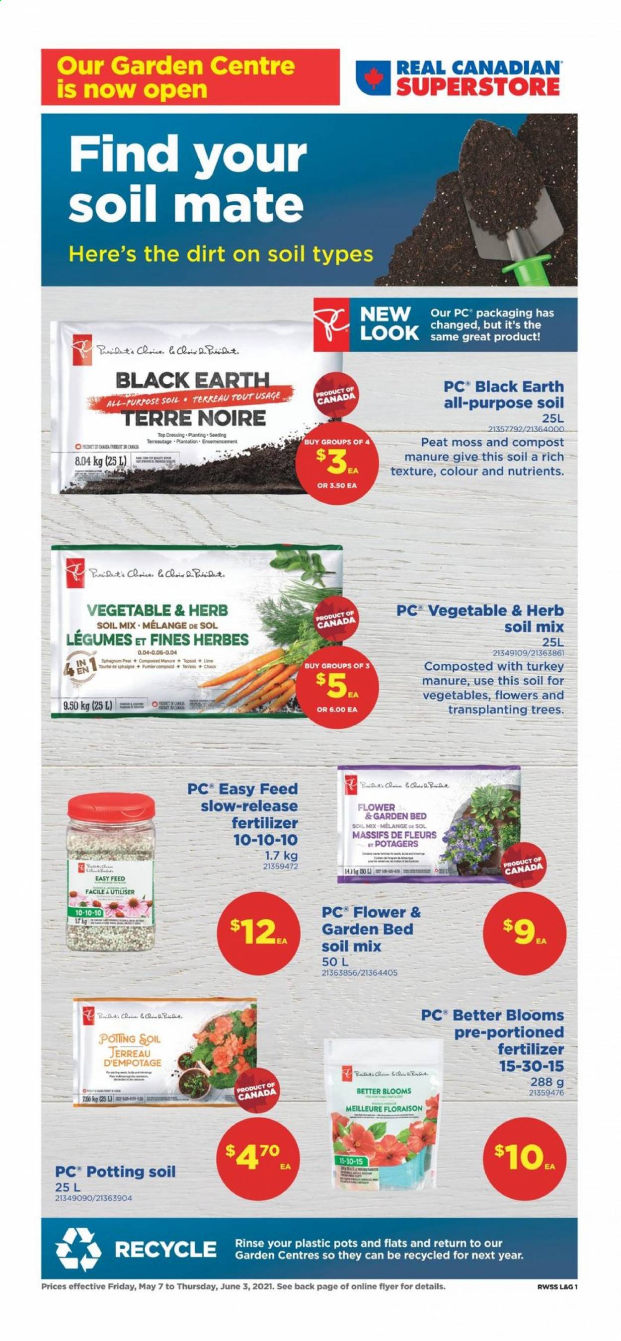thumbnail - Real Canadian Superstore Flyer - May 07, 2021 - June 03, 2021 - Sales products - dressing, Sol, pot, fertilizer, garden bed, compost. Page 1.