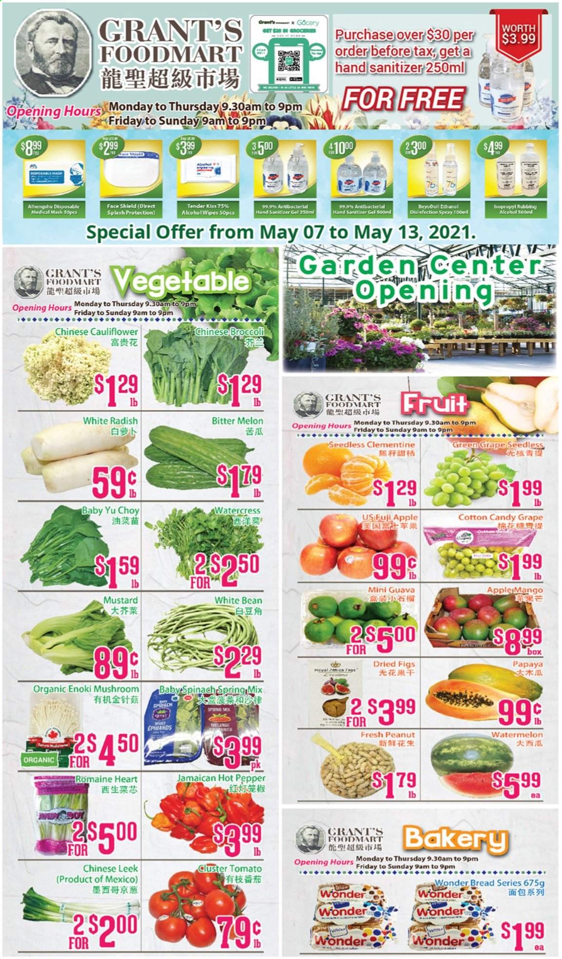 thumbnail - Grant's Foodmart Flyer - May 07, 2021 - May 13, 2021 - Sales products - mushrooms, bread, broccoli, cauliflower, leek, radishes, spinach, white radish, figs, guava, watermelon, papaya, Fuji apple, melons, cotton candy, watercress, pepper, mustard, dried figs, Grant's, hand sanitizer, chinese broccoli. Page 1.