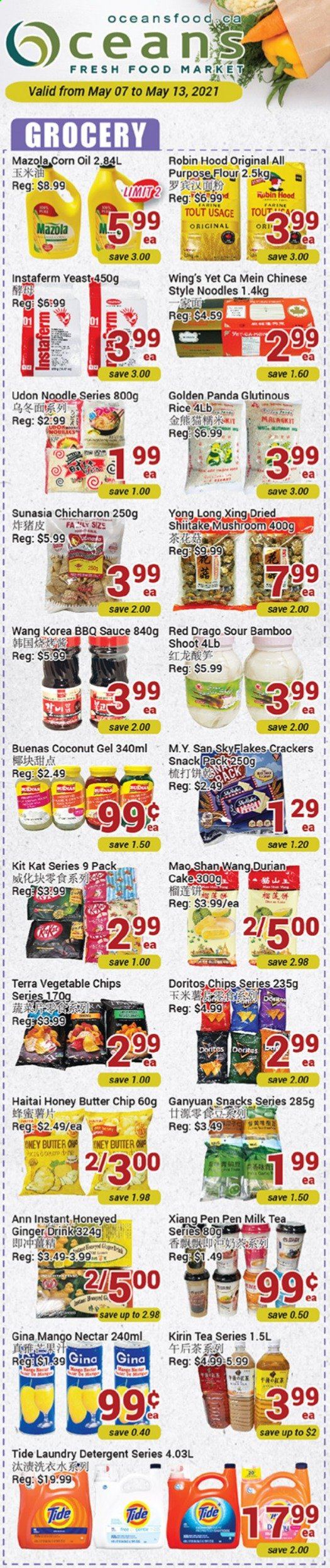 thumbnail - Oceans Flyer - May 07, 2021 - May 13, 2021 - Sales products - mushrooms, cake, ginger, mango, coconut, sauce, noodles, milk, yeast, butter, KitKat, crackers, Skyflakes, Doritos, vegetable chips, all purpose flour, flour, rice, BBQ sauce, corn oil, honey, tea, Tide, laundry detergent, chips. Page 1.