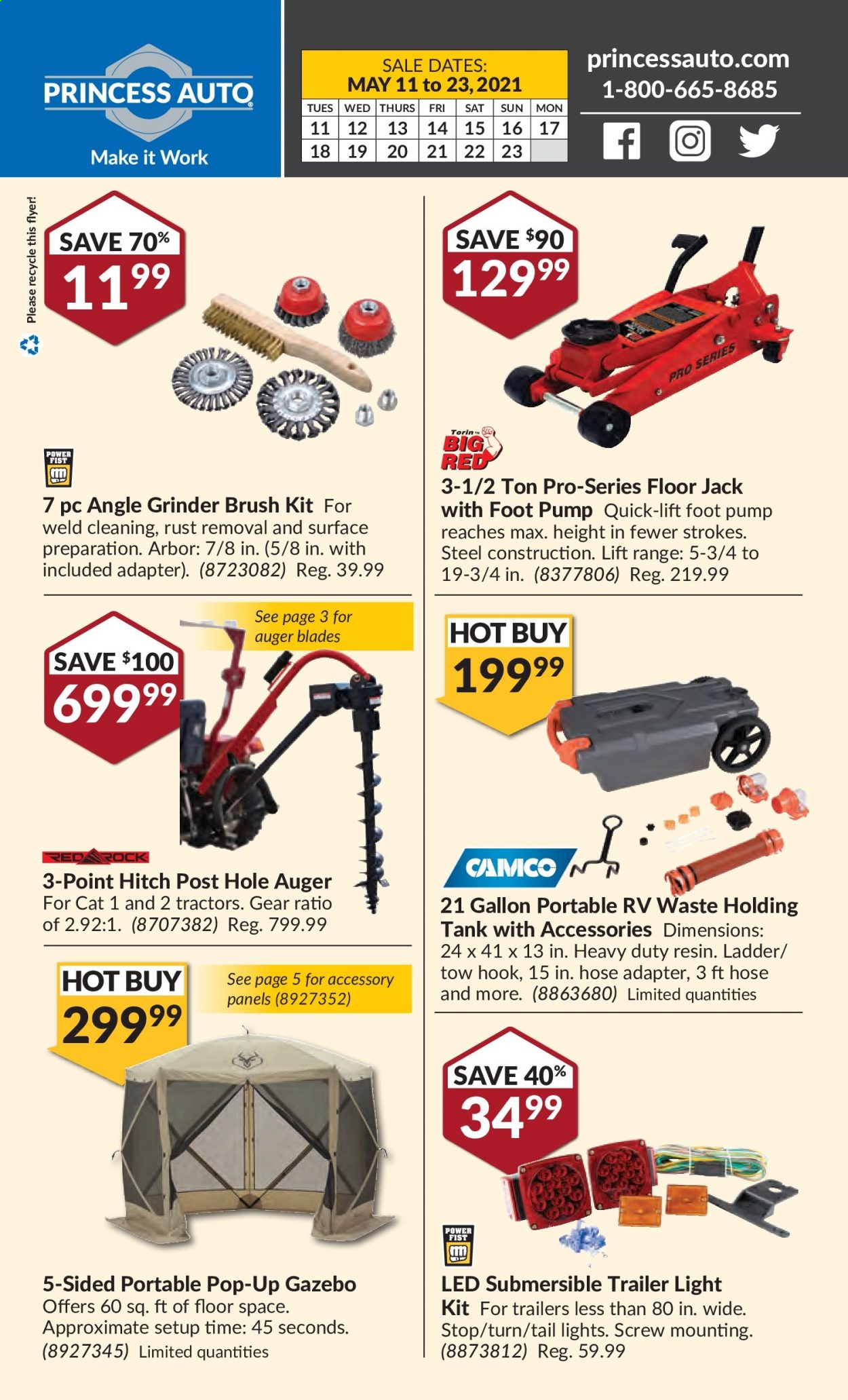 thumbnail - Princess Auto Flyer - May 11, 2021 - May 23, 2021 - Sales products - trailer, floor jack, ladder, hook, pump, gazebo, angle grinder, tank. Page 2.