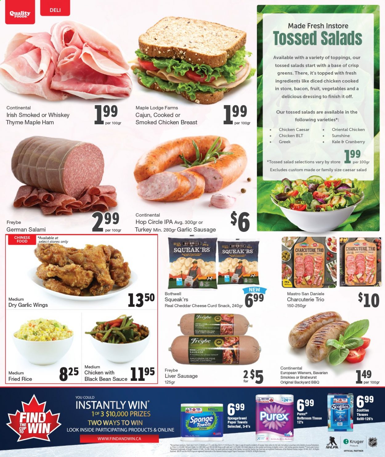 thumbnail - Quality Foods Flyer - May 10, 2021 - May 16, 2021 - Sales products - garlic, Continental, bacon, salami, ham, bratwurst, liver sausage, sausage, cheddar, curd, cheese curd, Sunshine, snack, dressing, whiskey, whisky, IPA, chicken breasts, chicken, bath tissue, kitchen towels, paper towels, Purex. Page 5.